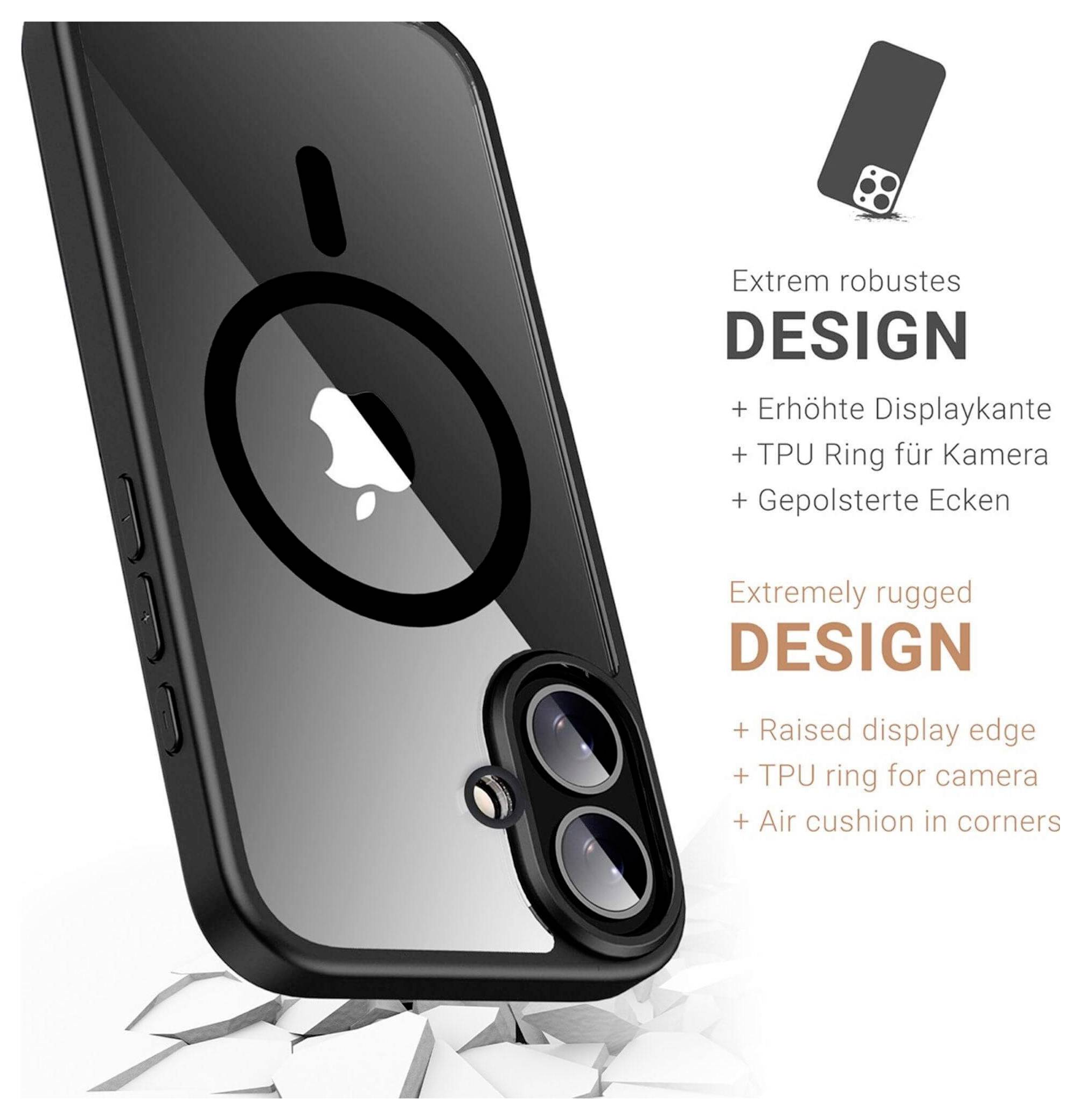 Extrem robustes Telefon-Gehäuse mit erhöhtem Displayrand, TPU-Ring für die Kamera und stoßdämpfenden Ecken, über einer gerissenen Oberfläche präsentiert.