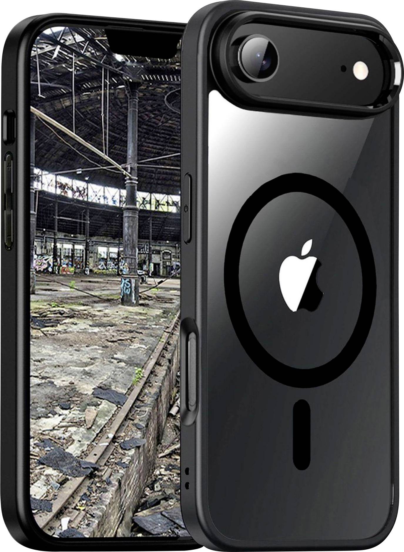 Ein Smartphone mit einem schwarzen Gehäuse, das eine kreisförmige Designstruktur auf der Rückseite aufweist. Der Bildschirm des Telefons zeigt ein verlassenes Industriegebäude mit Graffiti.