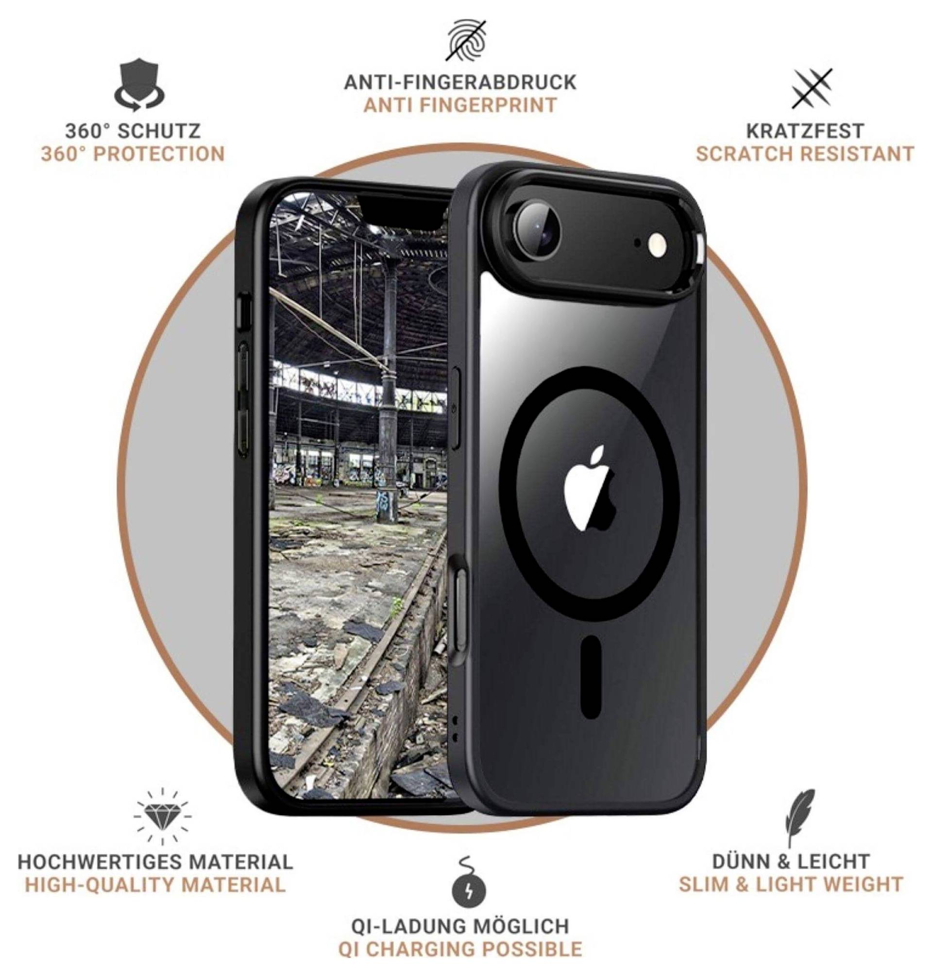Eine schwarze Handyhülle mit Apple-Logo bietet 360°-Schutz, Fingerabdruckschutz, Kratzfestigkeit und Qi-Laden.