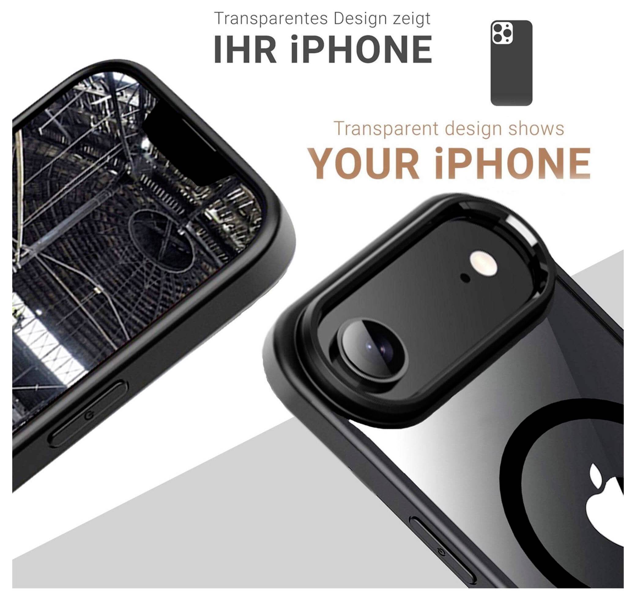 Transparentes Design zeigt Ihr iPhone mit einem Bild eines iPhone-Gehäuses, das durch seinen durchsichtigen Rücken das ursprüngliche Design des Telefons hervorhebt.
