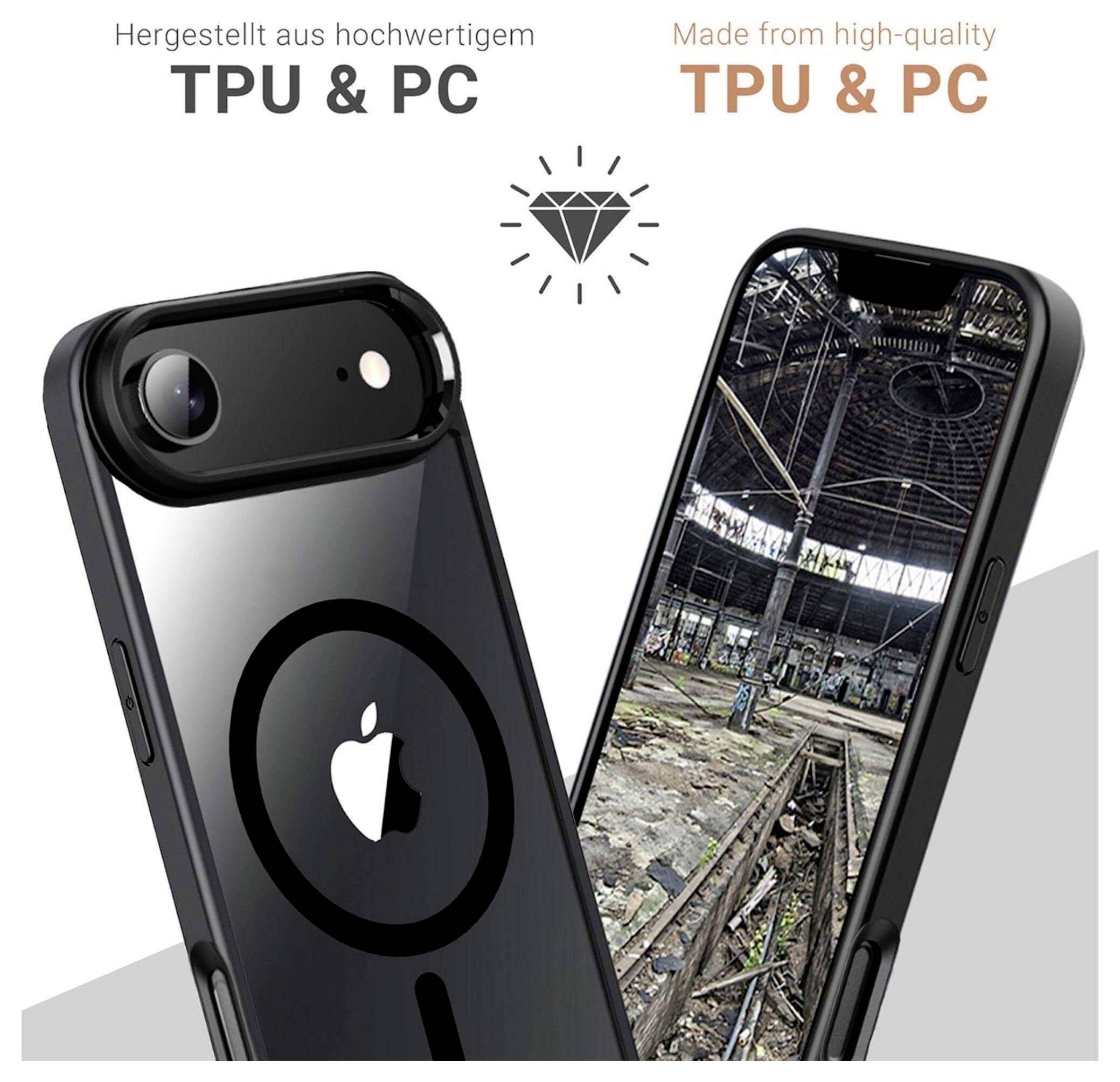 Eine transparente Handyhülle, die ein Handy mit einem Bild eines verlassenen Lagerhauses zeigt. Text lautet: 'Hergestellt aus hochwertigem TPU & PC'.