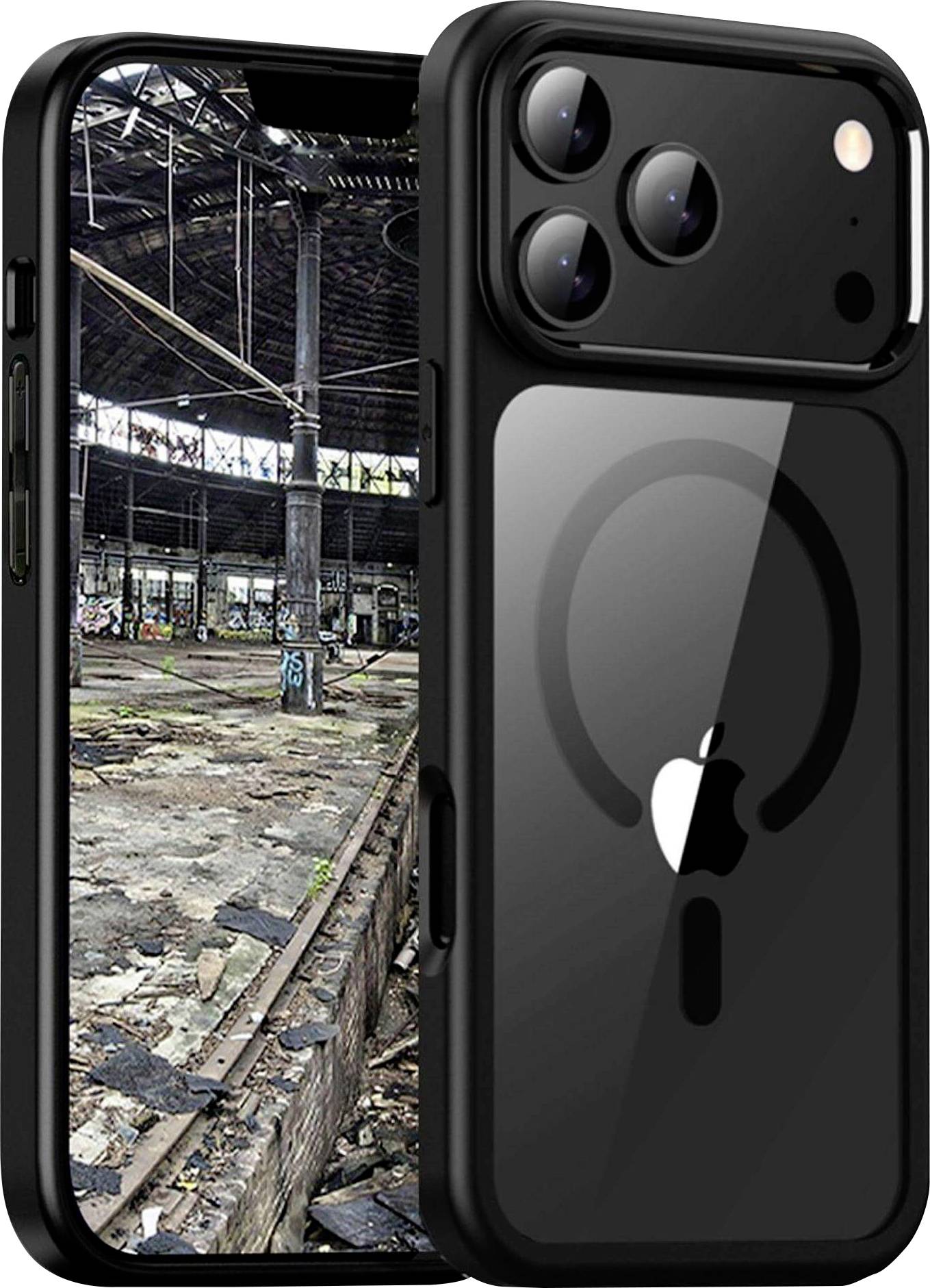 Ein Smartphone mit einer schwarzen Hülle, das einen großen Kameraaufsatz aufweist, wird vor dem Hintergrund des Innenraums eines verlassenen Industriegebäudes präsentiert.