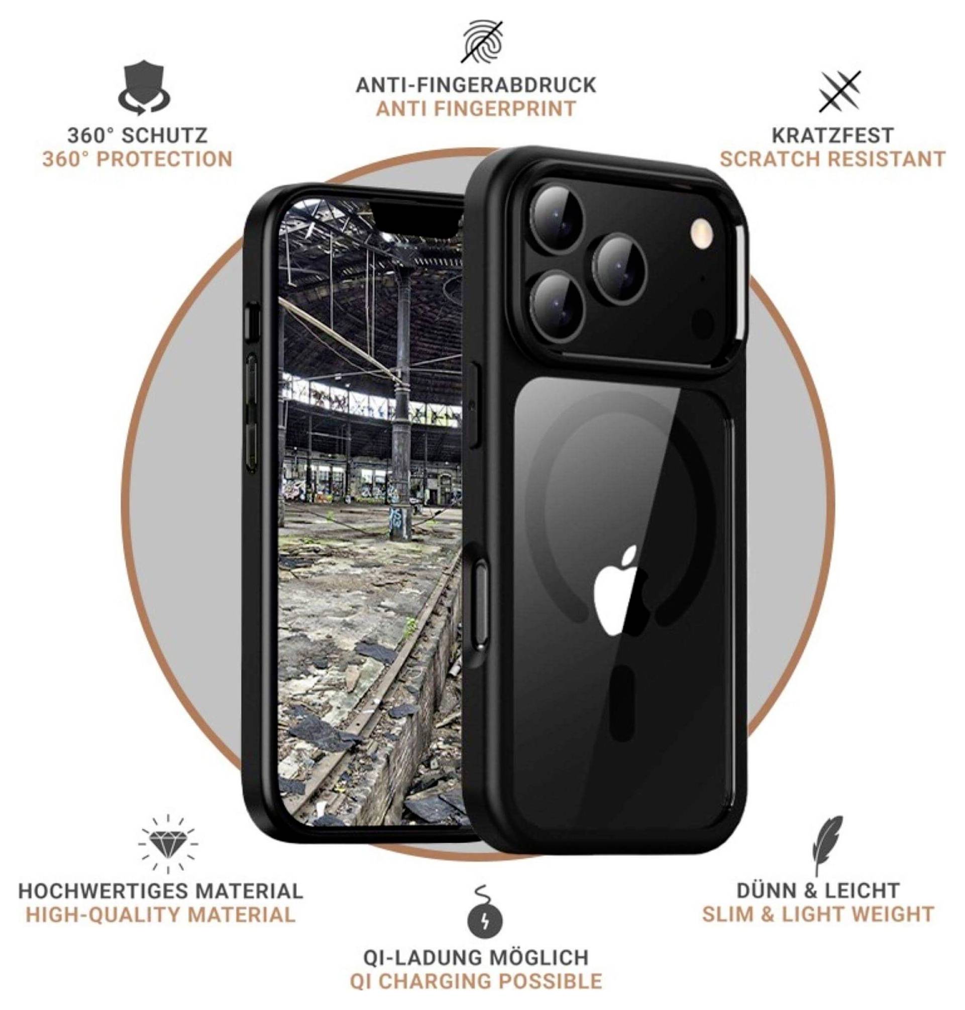 Smartphone in Schutzhülle mit Schutz vor Fingerabdrücken, Kratzfestigkeit und drahtloser Ladung. Hochwertige, schlanke, leichte Konstruktion.