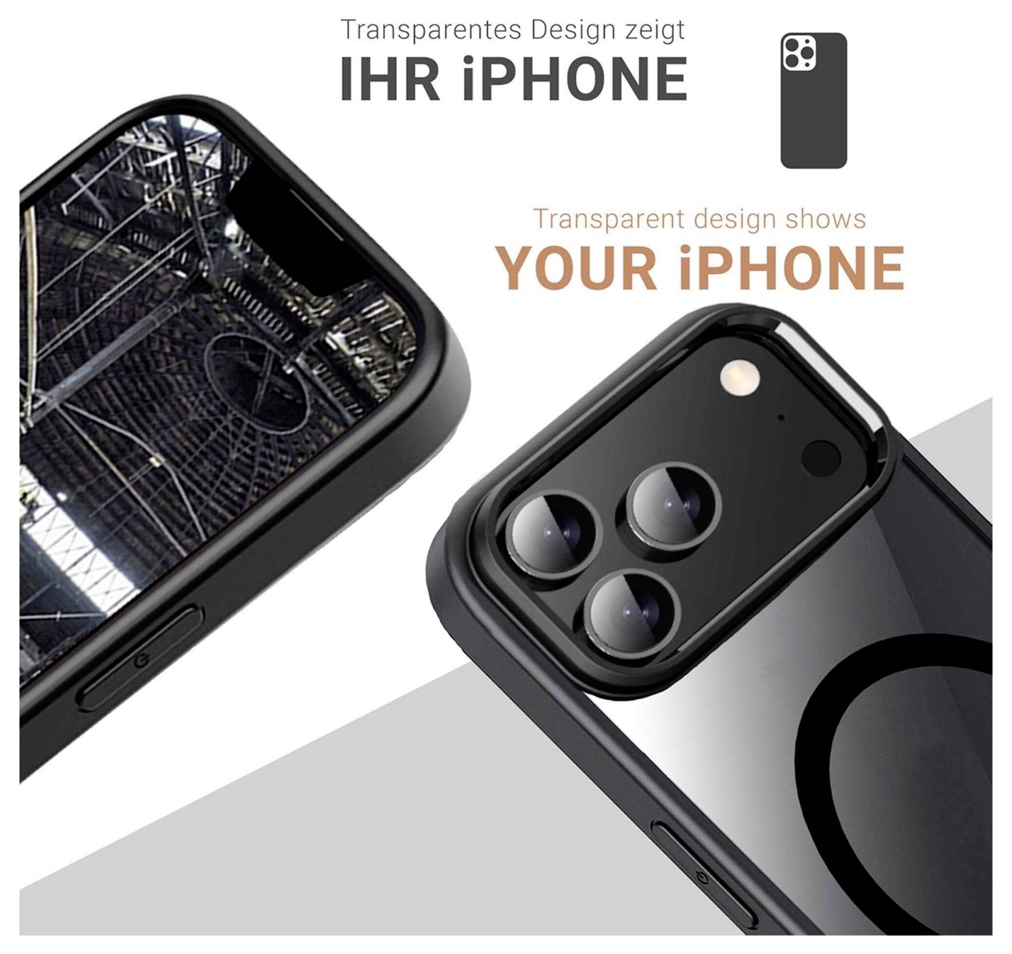 Design transparent zeigt dein iPhone mit zwei Nahaufnahmen eines iPhones in einer transparenten Schutzhülle.