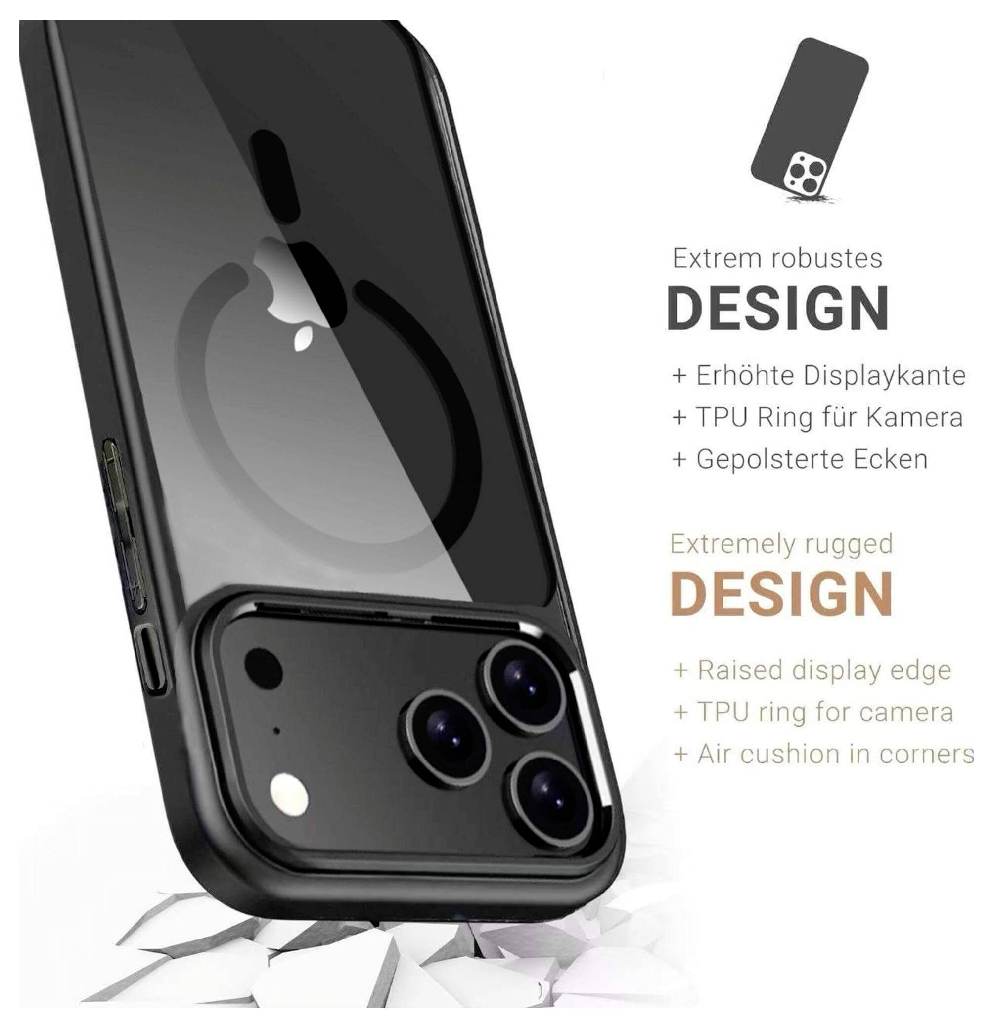 Extrem robustes Design für Handyhülle mit erhöhtem Displayrand, TPU-Ring für die Kamera und Luftpolstern in den Ecken zum Schutz.