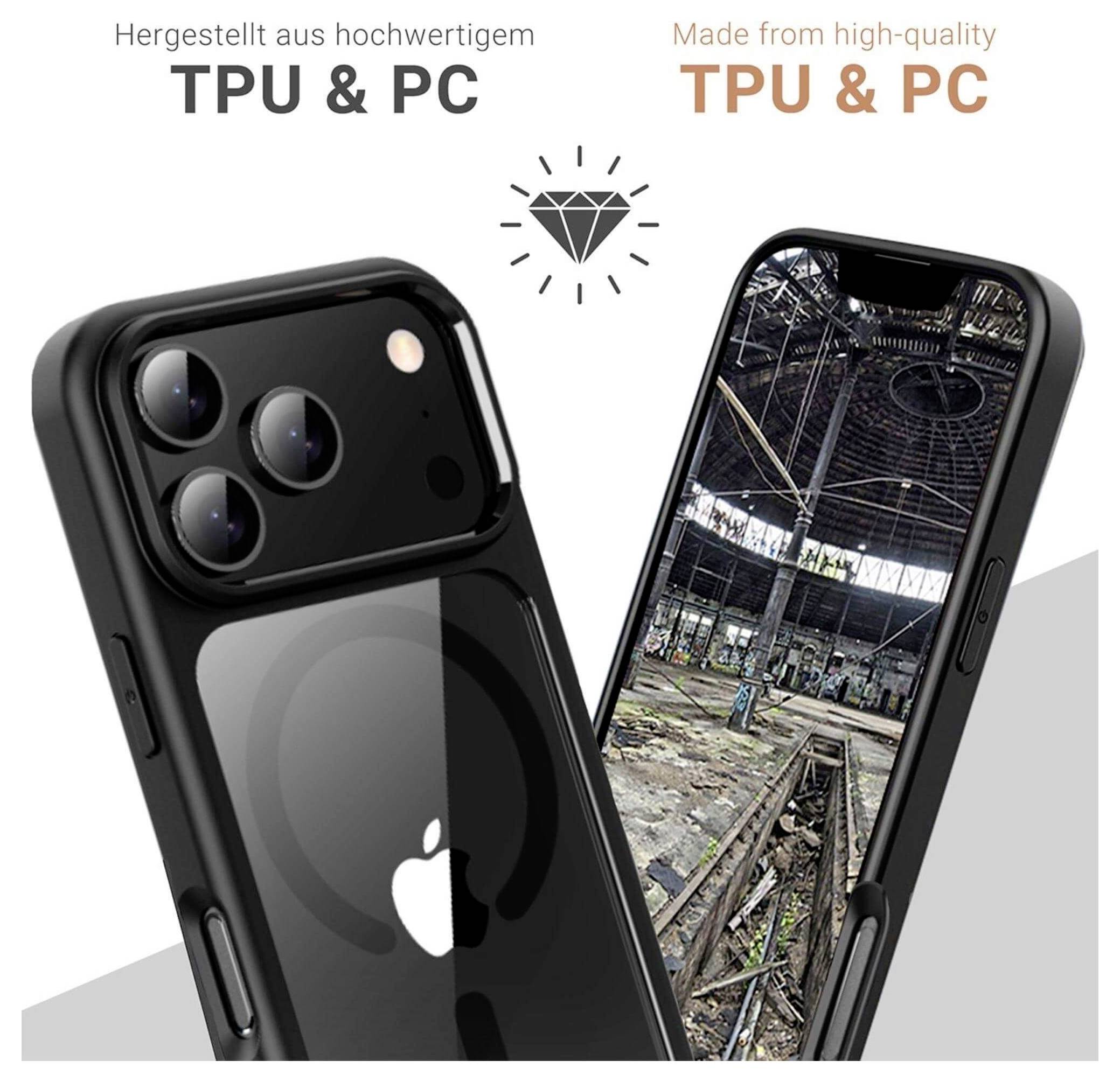 Handyhülle aus hochwertigem TPU & PC. Das Bild zeigt eine schwarze Handyhülle auf einem Smartphone, das eine Industrieszene darstellt.