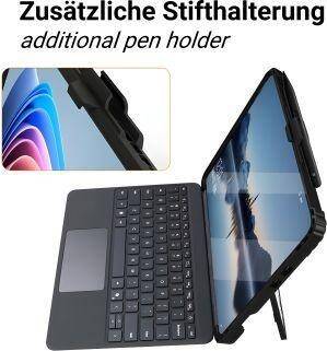 Ein Laptop mit einem zusätzlichen Stifthalter wird gezeigt. Der Bildschirm zeigt einen bunten Hintergrund. Der Text lautet 