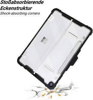 Ein Tablet-Gehäuse mit einem Gummirand wird gezeigt, wie es einen Aufprall absorbiert, mit stoßdämpfenden Ecken, die durch Risse im Boden darunter hervorgehoben werden.