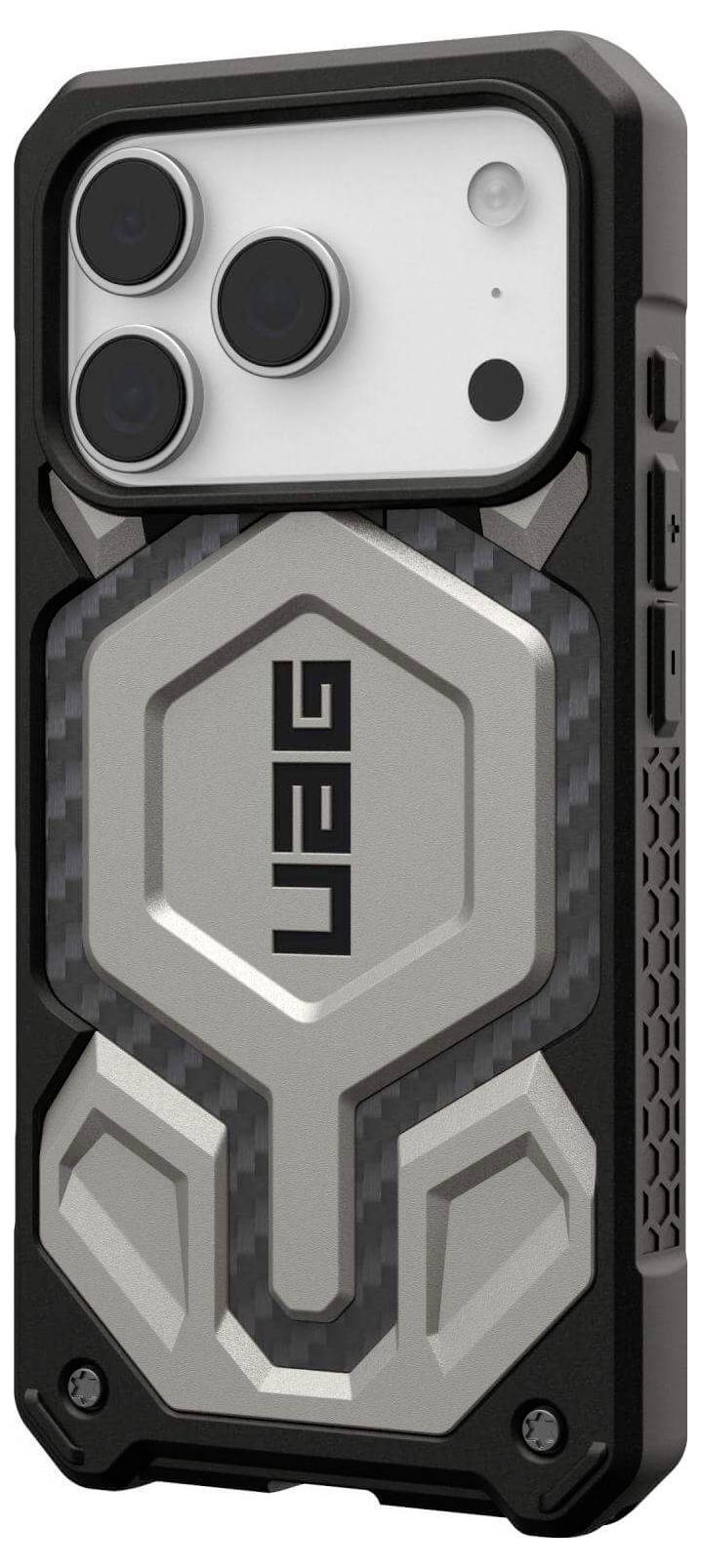 Ein robustes Handygehäuse mit metallischem Design, versehen mit Sechseck-Mustern und markanter 'UAG' Beschriftung, das Robustheit und Schutz betont.