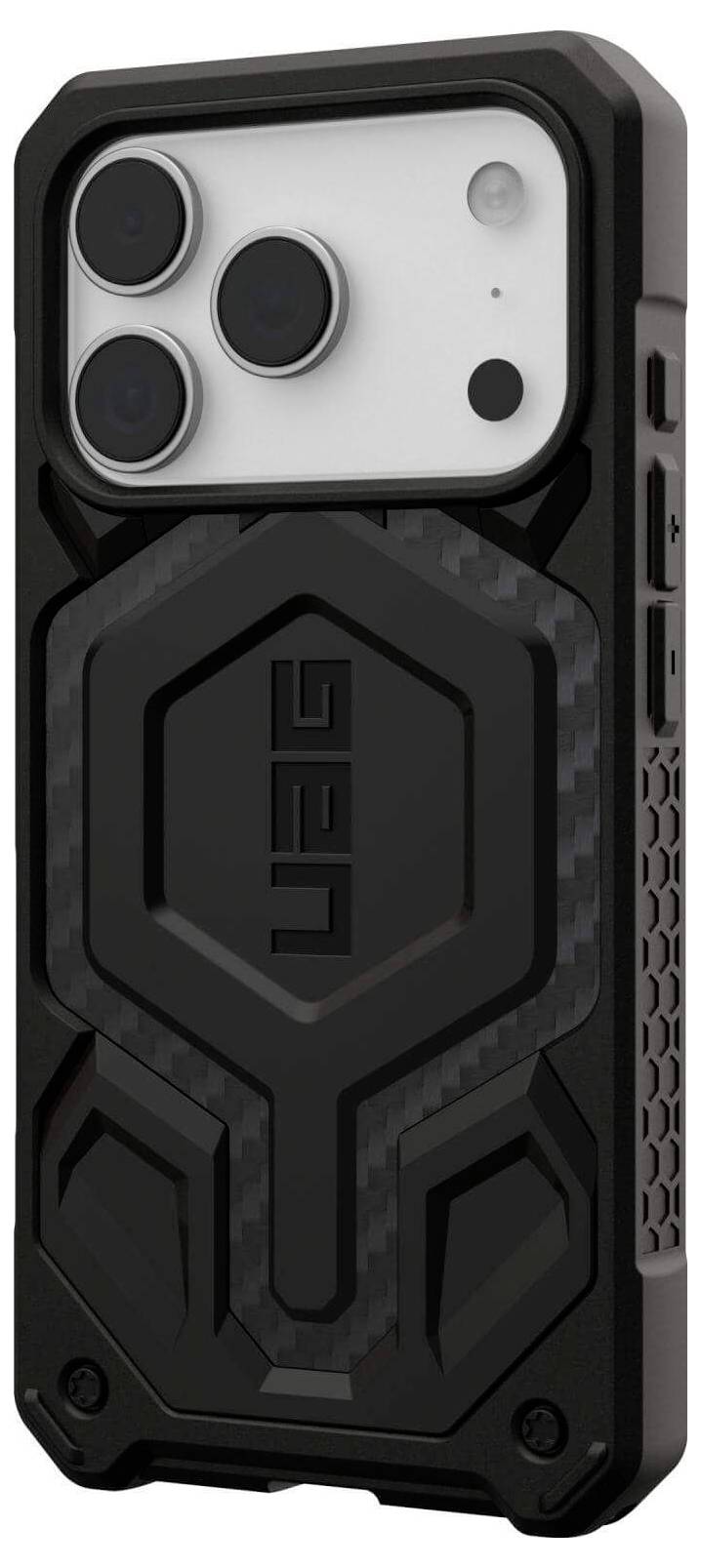 Smartphone mit einem robusten schwarzen und grauen Gehäuse, das große Kameraausschnitte und eine strukturierte Oberfläche zur Griffsicherheit aufweist, für Haltbarkeit und Schutz konzipiert.