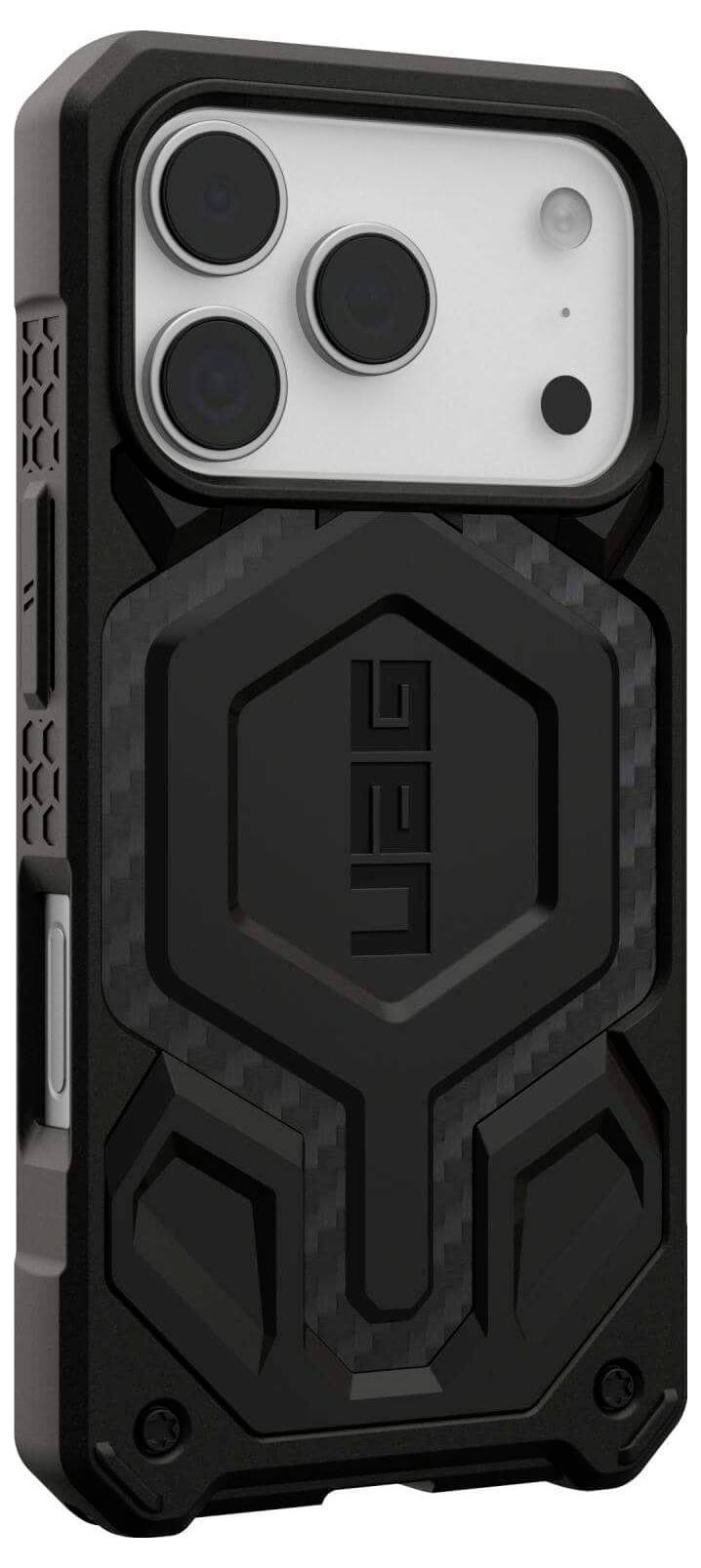 Ein robustes schwarzes Smartphone-Gehäuse mit schützender Sechseckstruktur passt zu einem Smartphone mit drei Rückkameras. Markeninitiale sind auf der Rückseite sichtbar.