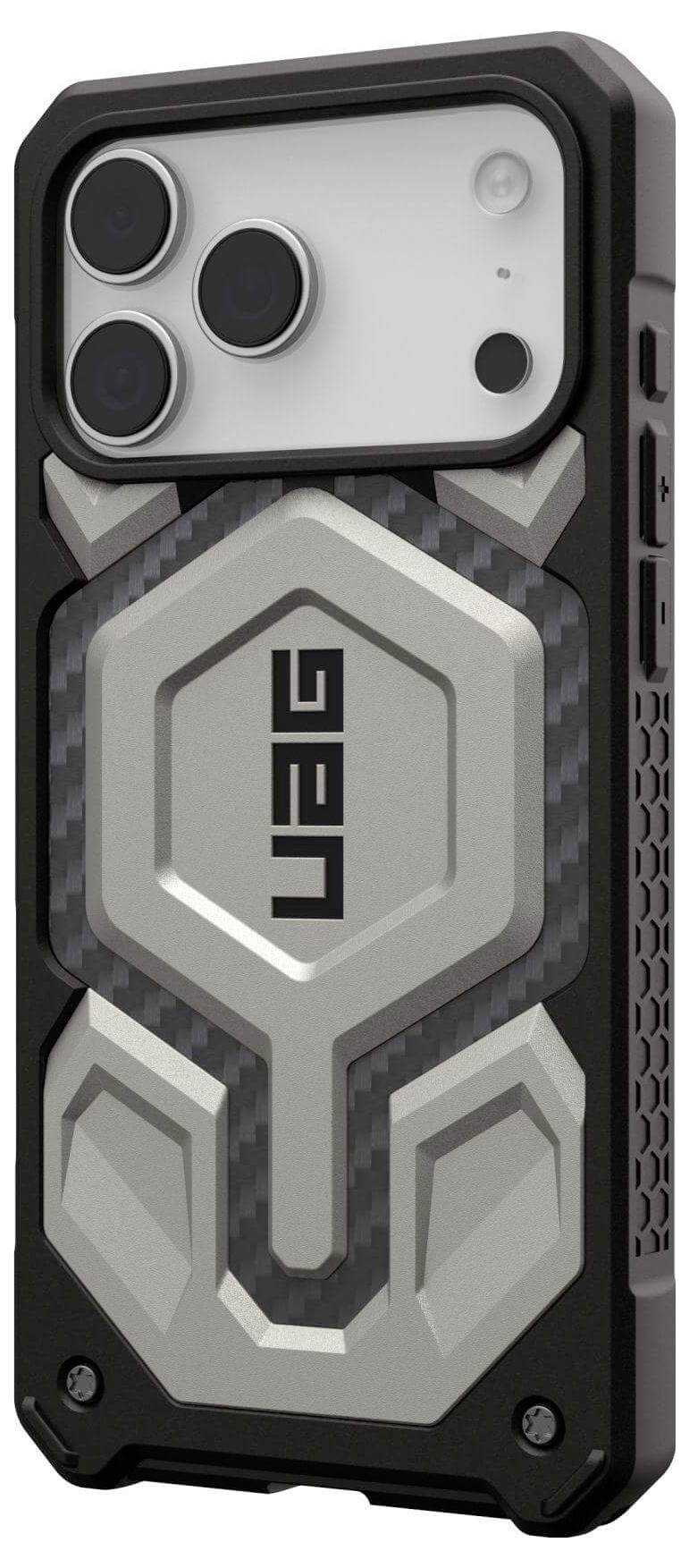 Ein robustes schwarzes und silbernes Handyhülle mit sechseckigen Designmustern und dem UAG-Logo prominent platziert, entwickelt für Schutz.