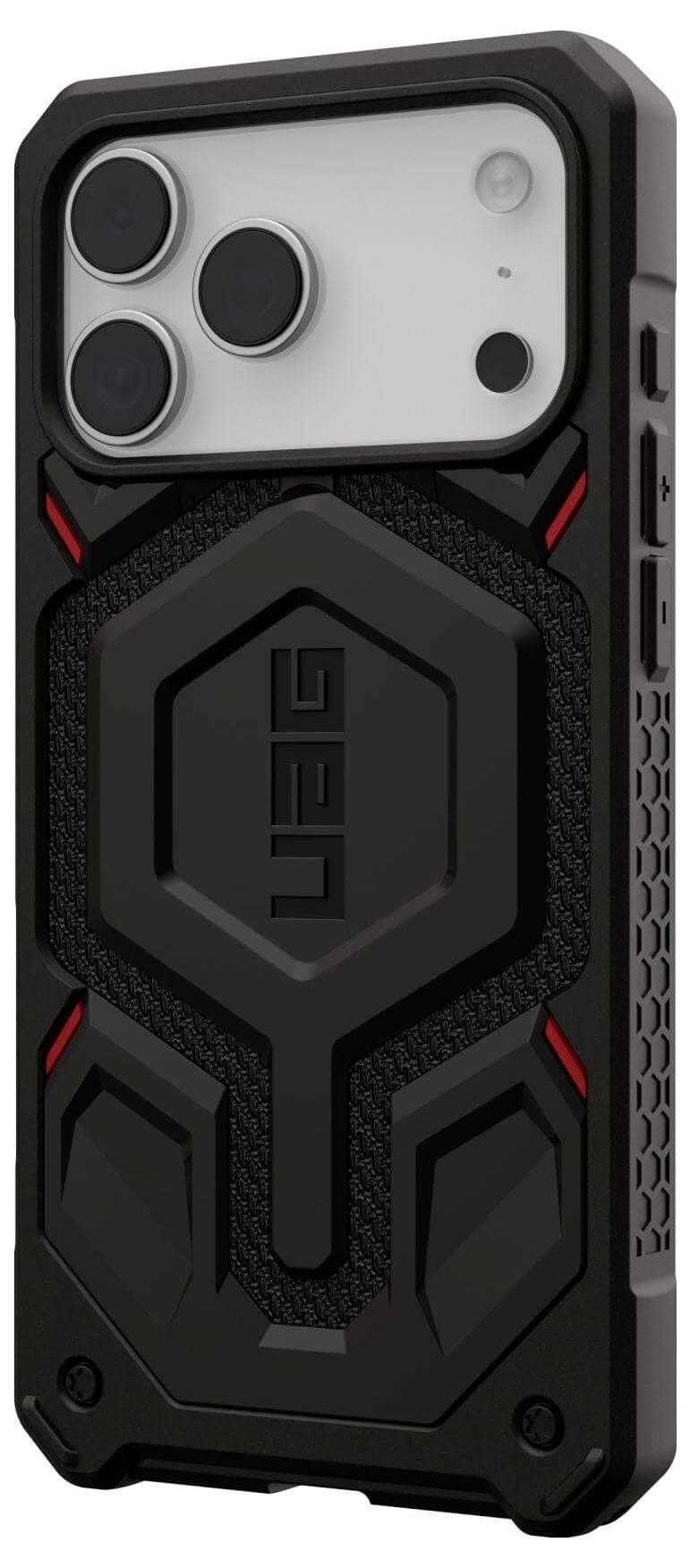 Ein robustes schwarzes Handygehäuse mit geometrischen Mustern und sichtbaren Kameraausschnitten, entwickelt für Schutz.