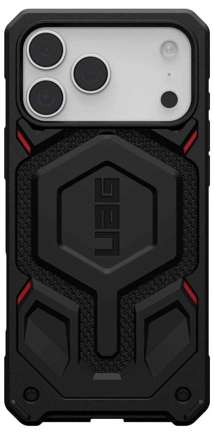 Robustes schwarzes Handyhülle mit einem markanten, sechseckigen Design und roten Akzenten, die Strapazierfähigkeit und Schutz für Smartphones betonen.