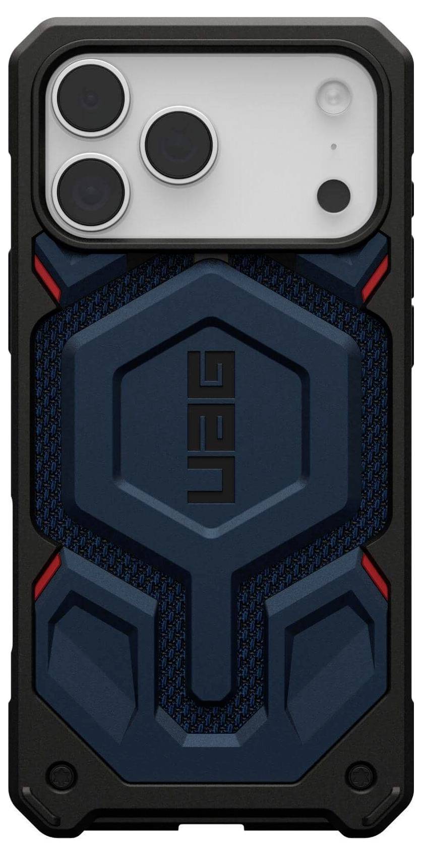 Das Bild zeigt eine robuste Smartphone-Hülle mit einem sechseckigen Design, in den Farben Blau und Schwarz, und dem Text ‚UAG' auf der Rückseite.