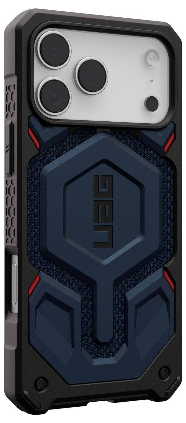 Ein robustes Handyhülle weist ein sechseckiges Design mit blauen und schwarzen Akzenten auf und umhüllt ein Smartphone mit Dual-Kamera-Setup.