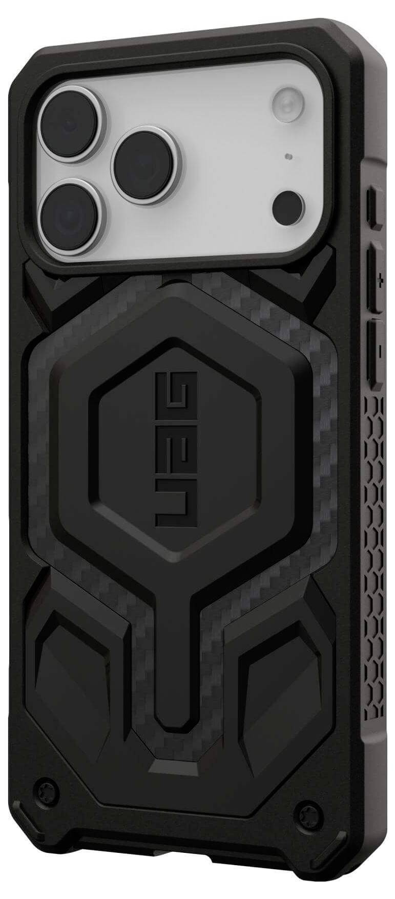 Ein robustes, schwarzes Smartphone-Gehäuse mit strukturierter Detaillierung, entwickelt zum Schutz der Kamera und Kanten, das einen widerstandsfähigen, industriellen Look präsentiert.