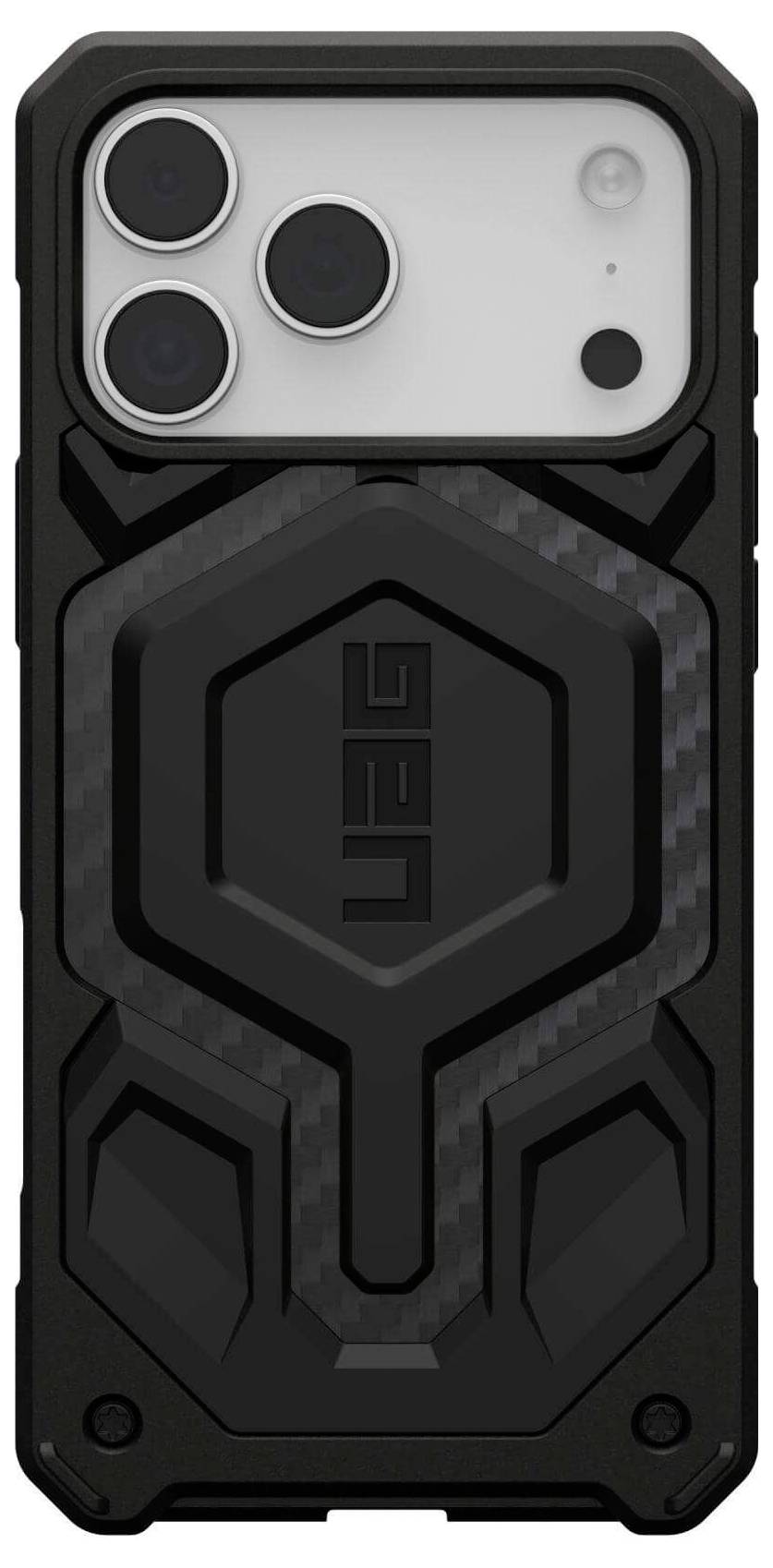 Eine robuste schwarze Handyhülle mit geometrischem Design und drei Kameraausschnitten an der Oberseite, entwickelt zum Schutz eines Smartphones.