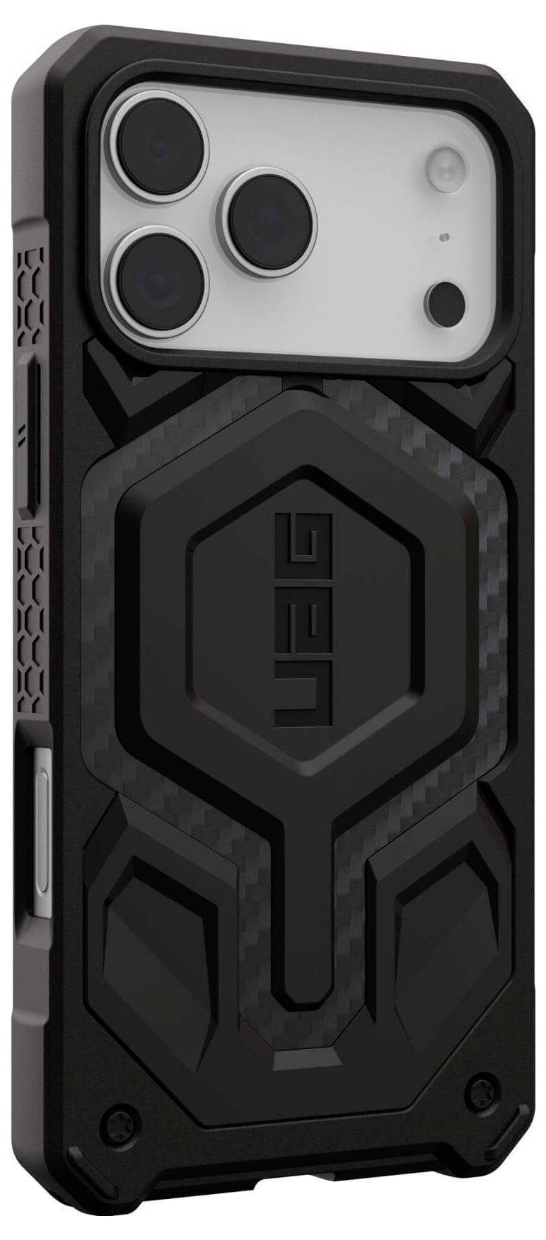 Ein robustes Smartphone-Gehäuse mit strukturiertem, sechseckigem Design und 'UAG'-Branding, entwickelt zum Schutz des Geräts mit verstärkten Ecken.