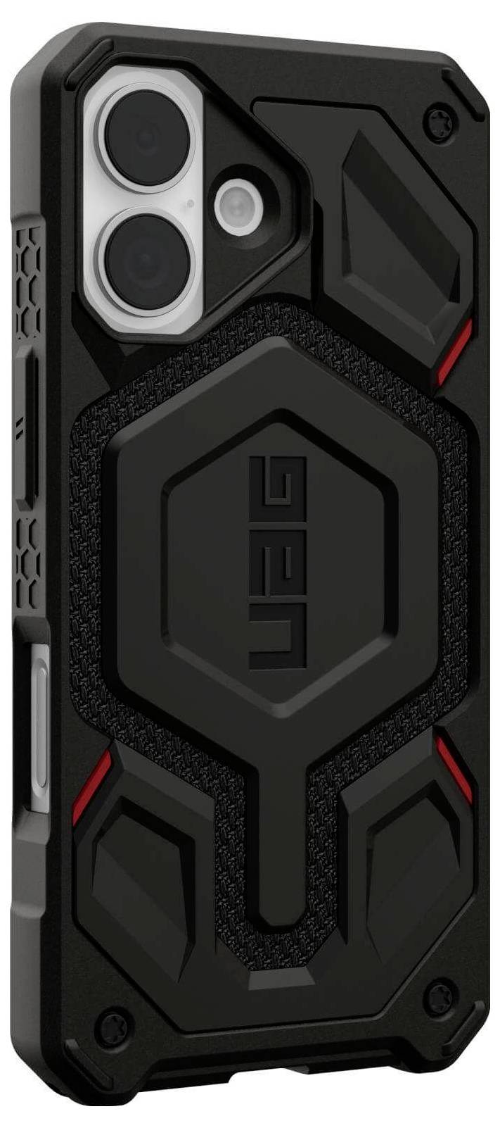 Ein robustes schwarzes Smartphone-Gehäuse mit roten Akzenten, das ein sechseckiges Designelement aufweist und zum Schutz eines Dual-Kamera-Geräts geeignet ist.