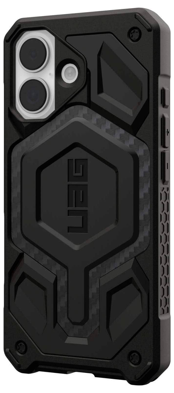 Eine robuste schwarze Handyhülle mit geometrischem Muster und strukturierter Oberfläche, die vor Stößen schützt.