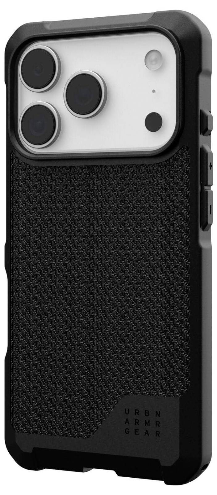 Schwarze Handyhülle mit robuster Textur, die ein Smartphone mit dreifacher Kameralinse schützt und die Urban Armor Gear-Marke trägt.