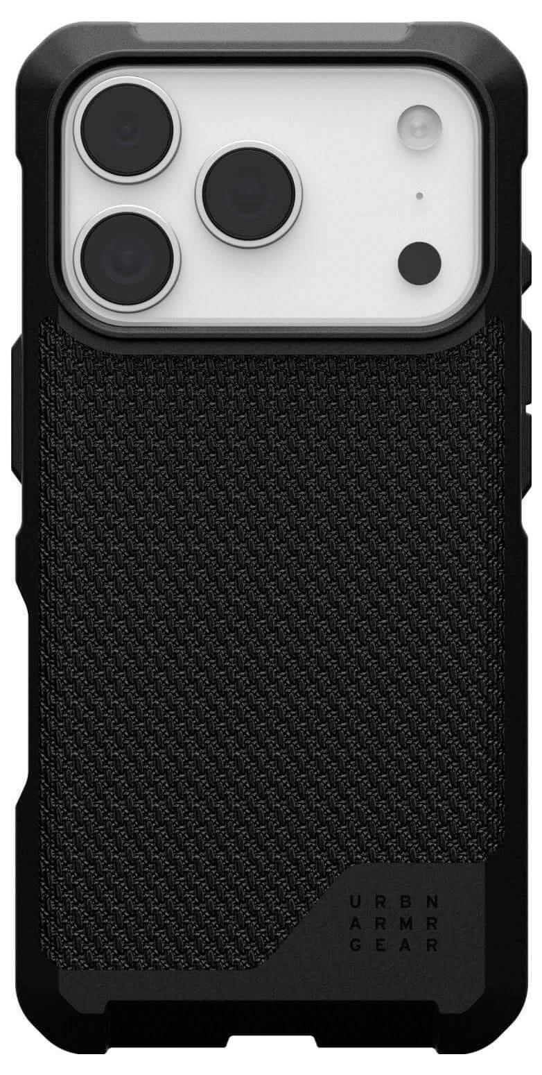 Ein Smartphone mit einem robusten schwarzen Gehäuse, das einen strukturierten Rücken und hervorgehobene Kameraobjektive aufweist.