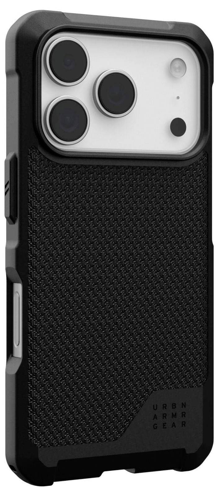 Ein robustes schwarzes Handygehäuse mit strukturierter Griffoberfläche und Aussparungen für die Kameraobjektive, entwickelt für Schutz und Langlebigkeit.