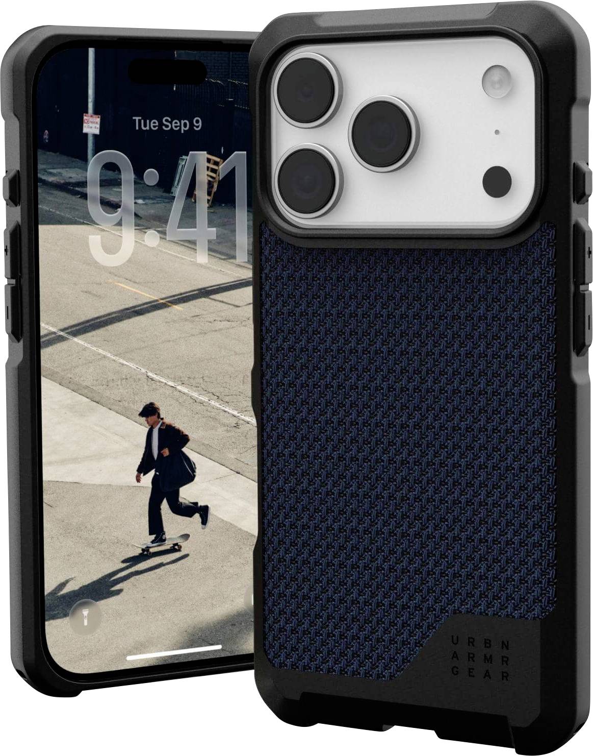 Ein Smartphone in einer robusten Hülle steht neben einem Bild eines Skateboarders auf dem Bildschirm. Die Hülle hat eine strukturierte blaue Rückseite.