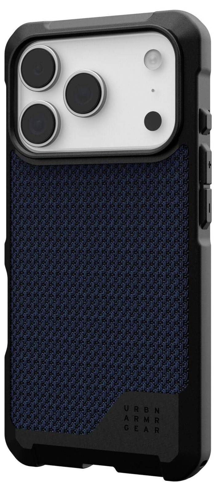 Ein Smartphone mit einem schwarzen und blauen texturierten Schutzgehäuse, das drei Kameraobjektive in der oberen linken Ecke aufweist.