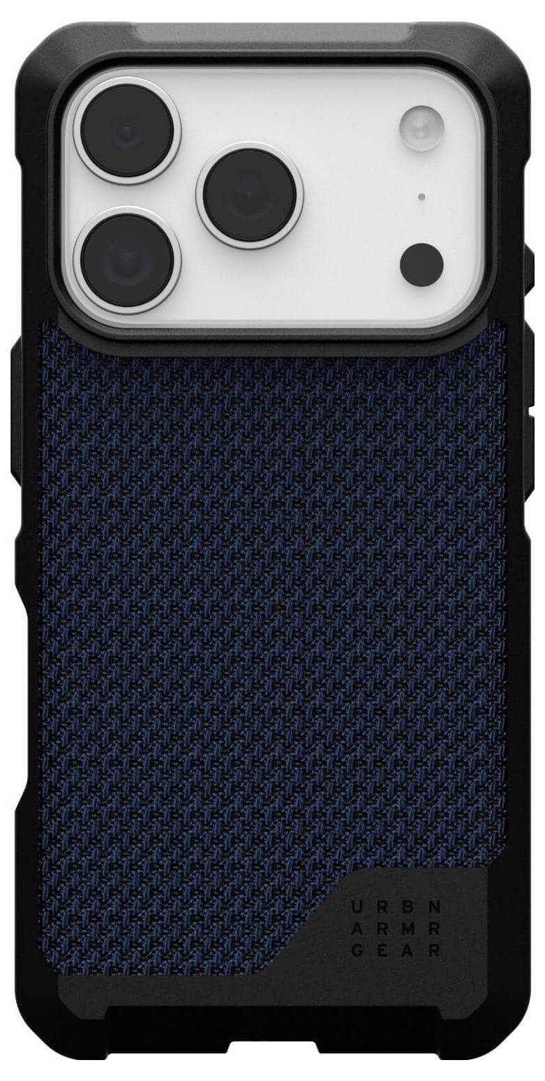 Eine Schutz-Handyhülle mit einer strukturierten blau-schwarzen Designoptik, die drei Aussparungen für die Rückkamera aufweist und auf Langlebigkeit ausgelegt ist.