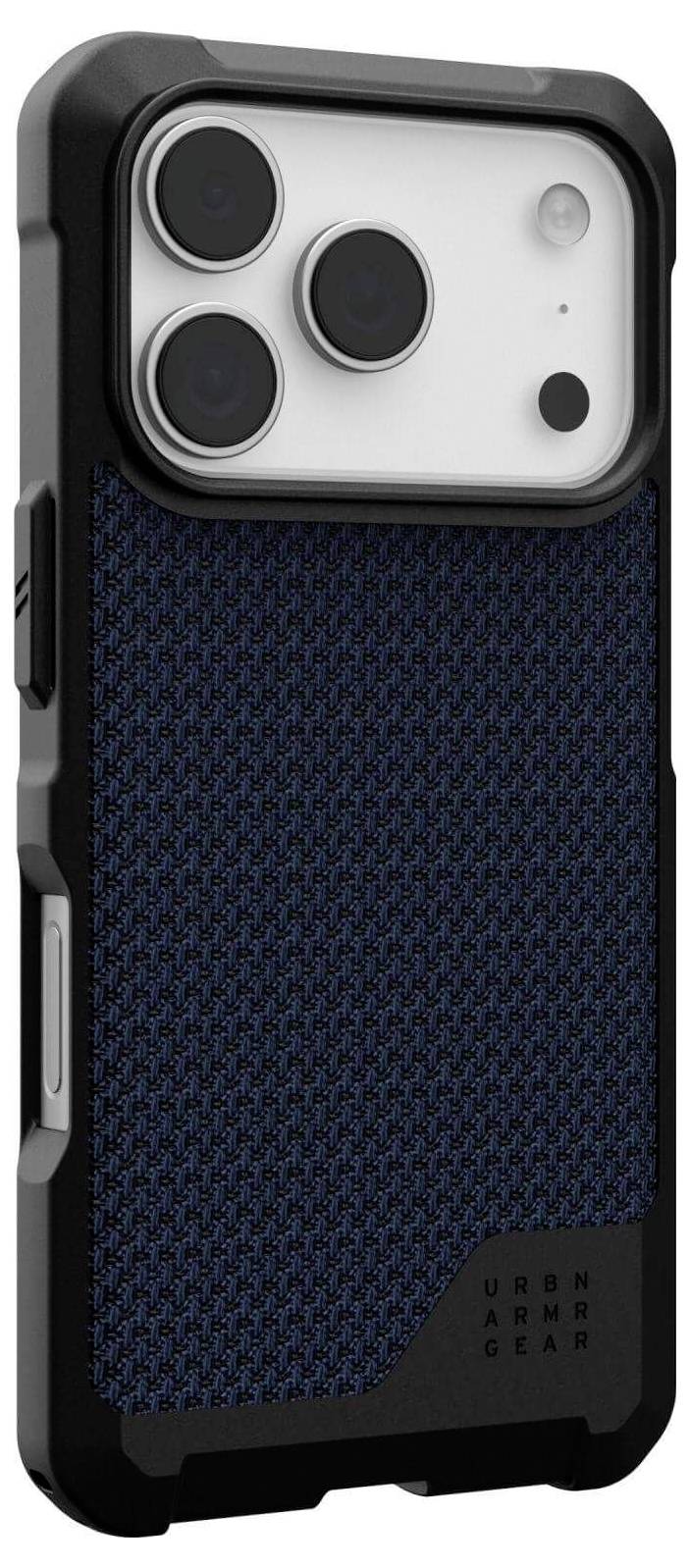 Eine Handyhülle mit strukturierter blauer Stoffrückseite und schwarzen Stoßkanten, entwickelt, um ein Smartphone mit hervorstehendem Kameramodul passgenau zu umschließen.