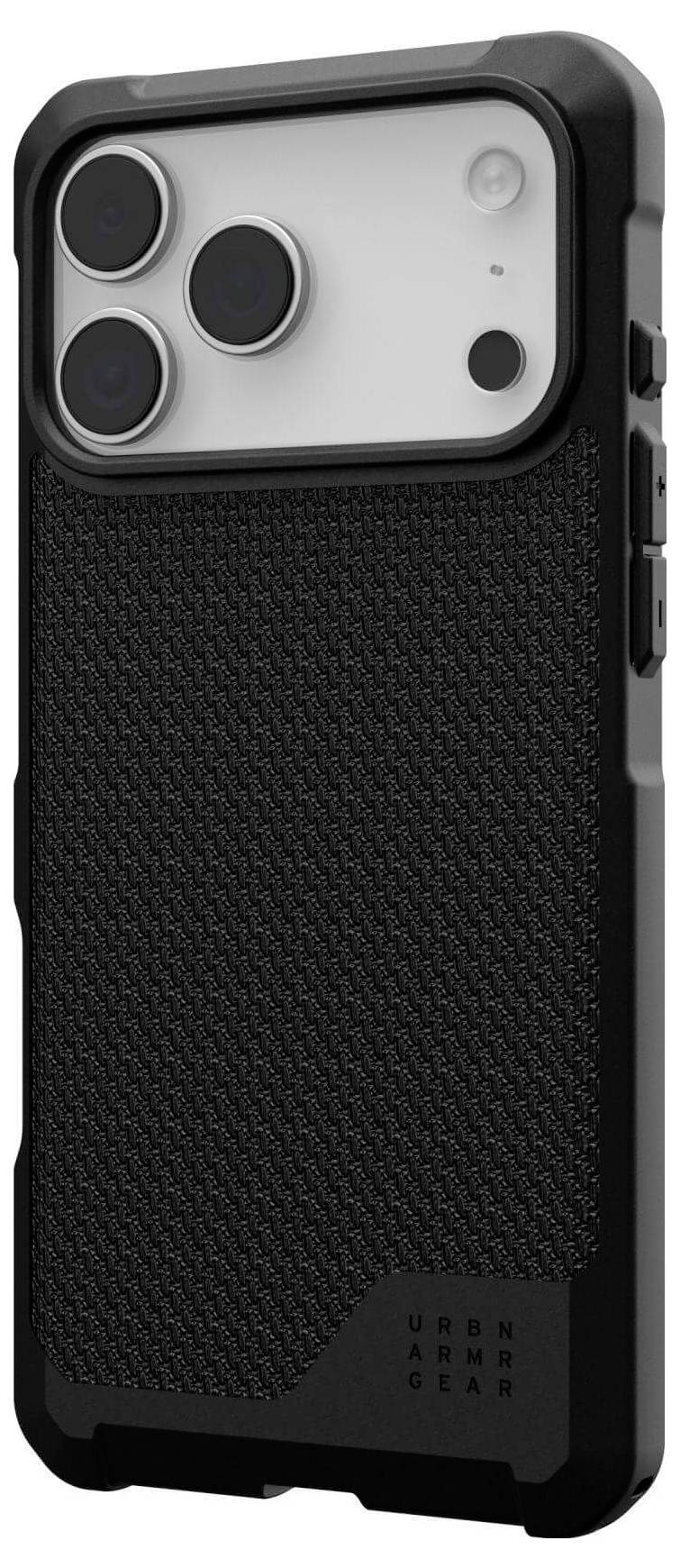 Ein schwarzes Schutzgehäuse für ein Smartphone mit strukturierter Rückseite, konzipiert für ein Gerät mit drei Rückkameras, mit der Aufschrift 