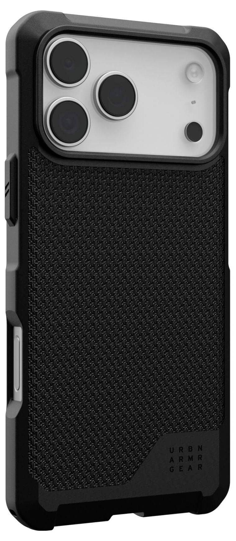 Ein schwarzes Urban Armor Gear Schutzetui mit strukturierter Rückseite, entwickelt für ein Smartphone, mit verstärkten Ecken und präzisen Ausschnitten.