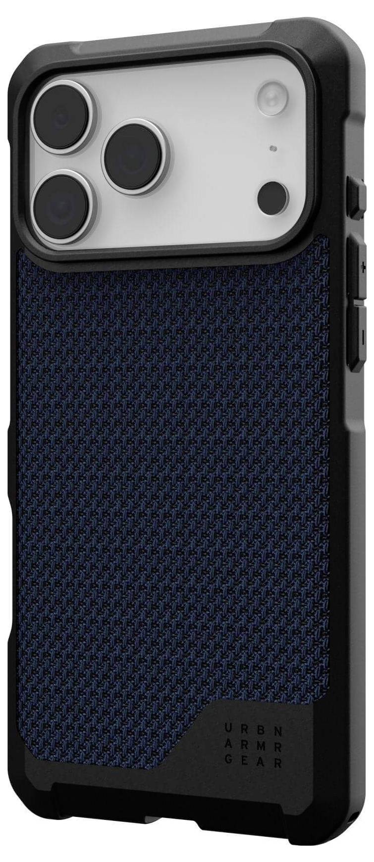 Ein Smartphone mit einem robusten Gehäuse in Schwarz und Blau, das eine strukturierte Rückseite und eine dreifache Kameraanordnung aufweist.