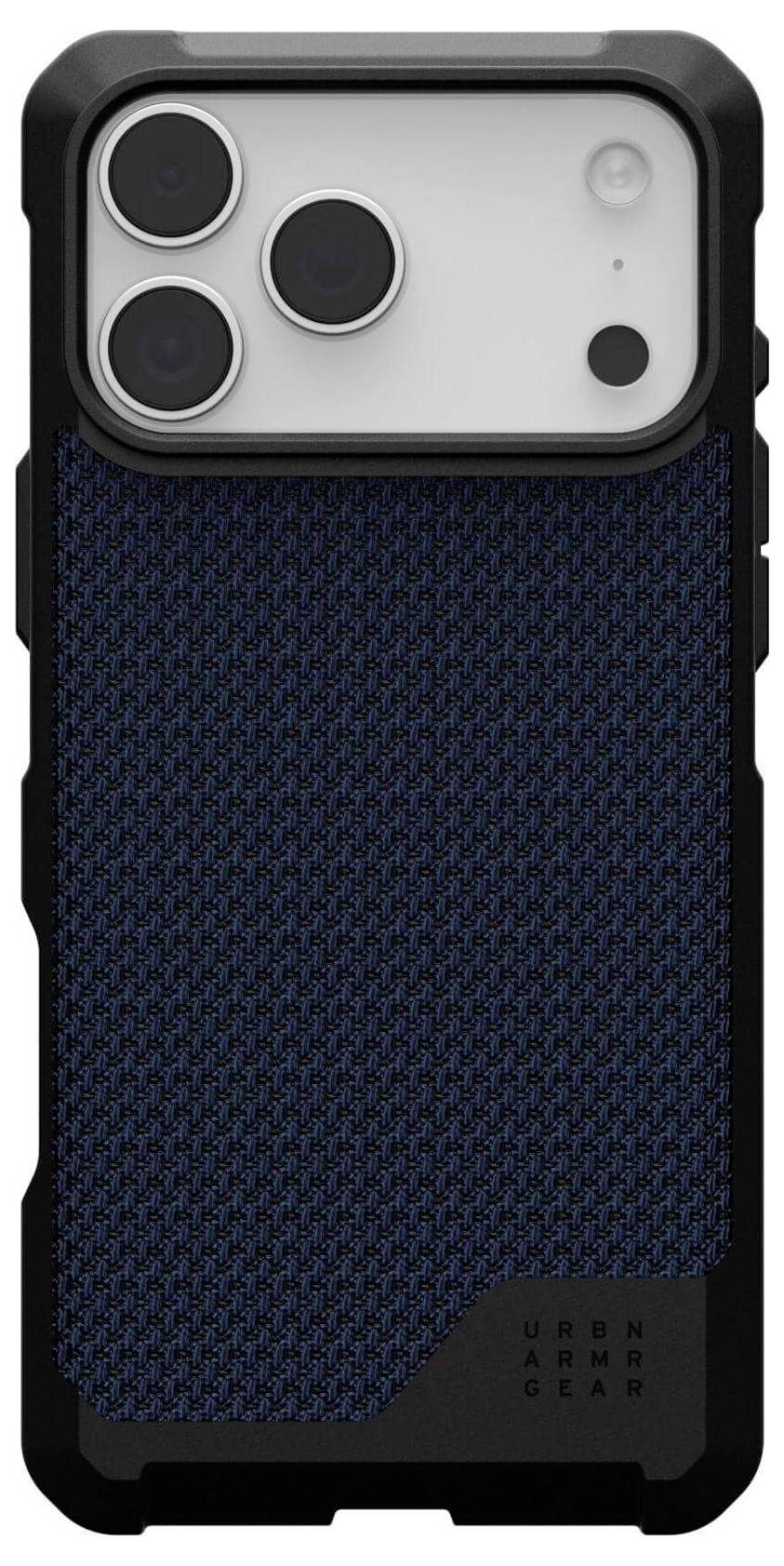 Ein robustes Handyhülle mit einer schwarzen und blauen strukturierten Rückseite, die drei Kameraobjektivöffnungen und den Markennamen in der Ecke aufweist.