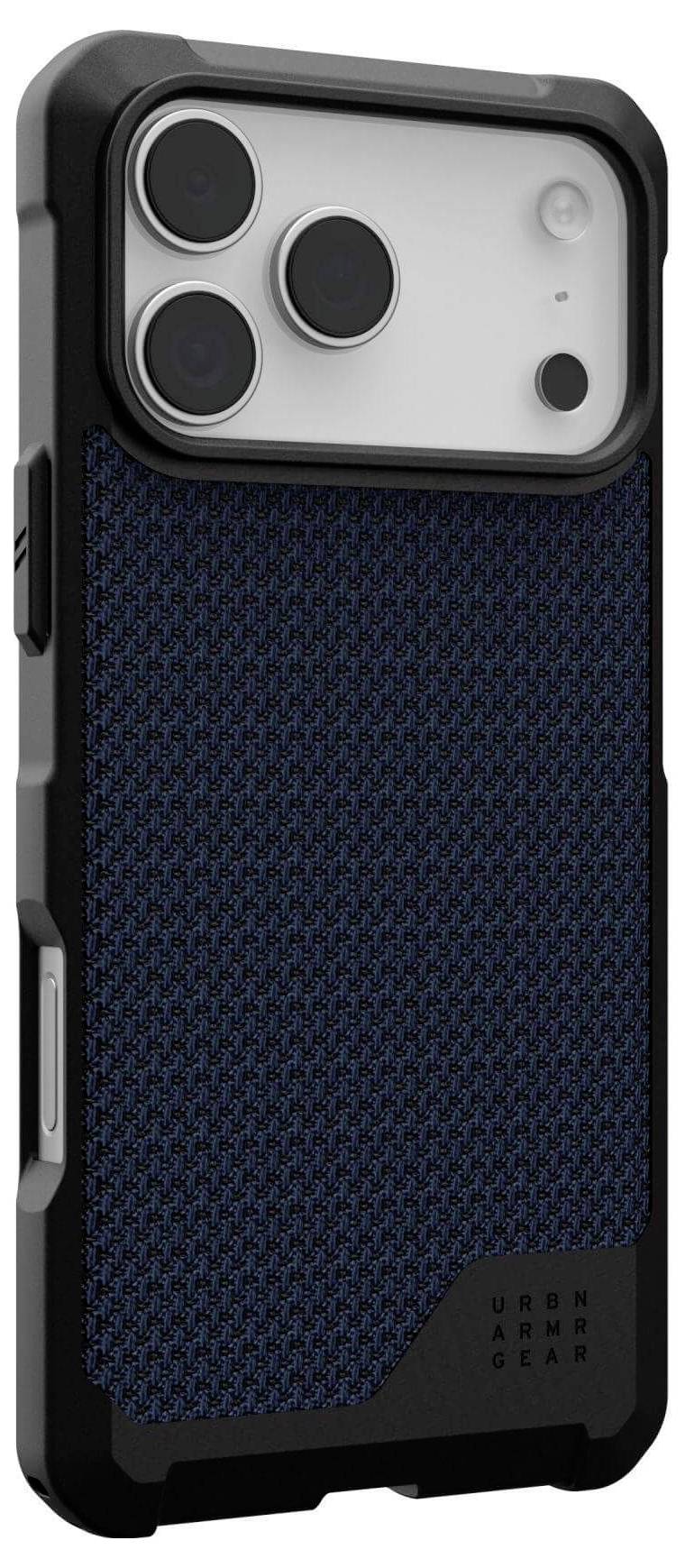 Ein schwarzes Smartphone-Gehäuse mit einer strukturierten marineblau-farbenen Rückseite und verstärkten Kanten, mit Aussparungen für die Kamera und Tasten.