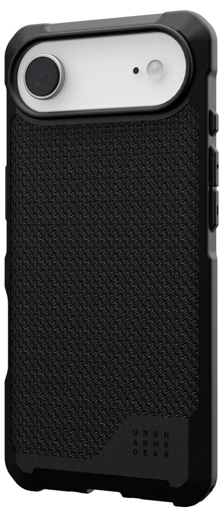 Schwarze Schutz-Handyhülle mit strukturierter Rückseite und verstärkten Ecken, entwickelt für Stoßfestigkeit.