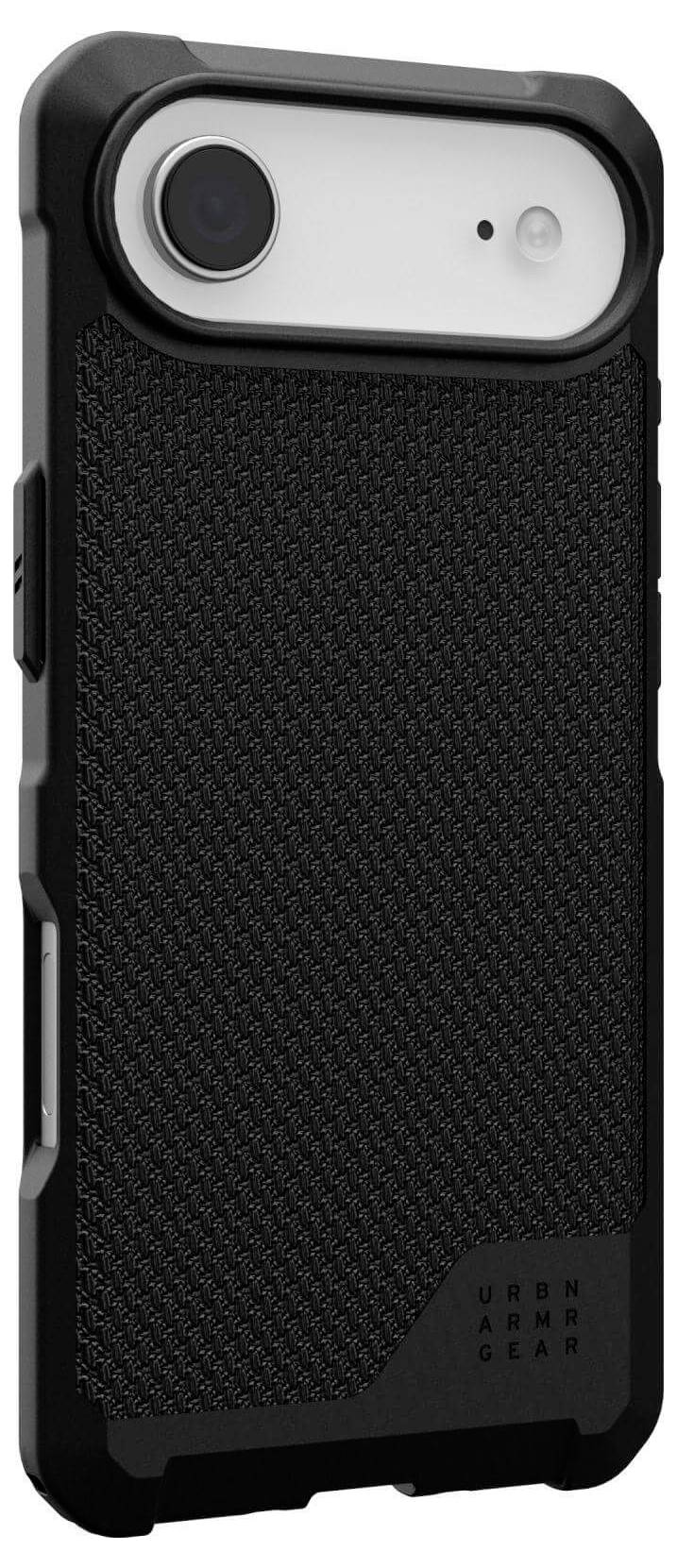 Ein schwarzer, strukturierter Handyschutzhülle mit robustem Design, die präzise Kamera- und Tastenausschnitte aufweist, bietet Schutz und einen sicheren Halt.