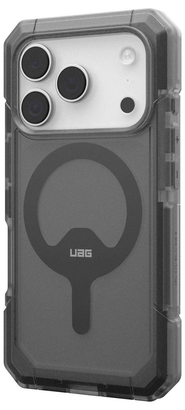Ein robustes, transparentes Telefon-Case mit drei Kameraausschnitten, entwickelt für Strapazierfähigkeit und Stoßschutz, mit dem UAG-Logo versehen.
