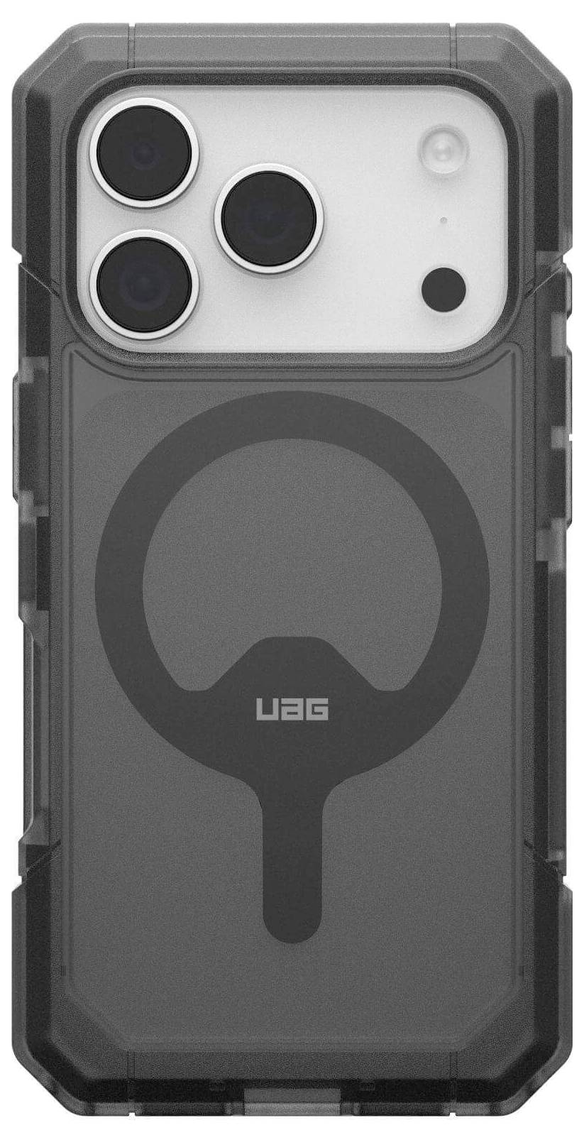 Ein robustes Smartphone-Gehäuse mit transparentem Rücken, der ein kreisförmiges Design und das Markenlogo in der Mitte zeigt. Drei Kameraobjektive sind sichtbar.