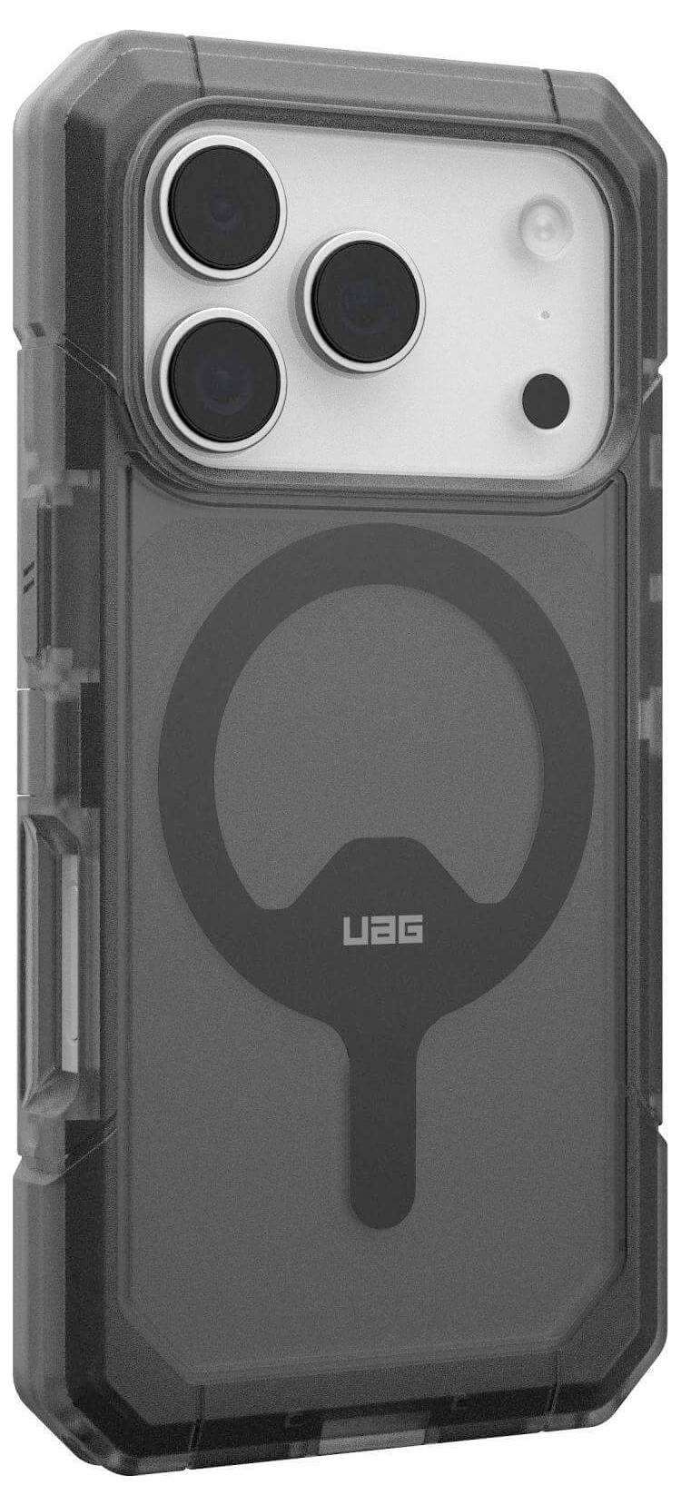 Ein robustes Smartphone-Gehäuse mit verstärkten Ecken, transparenter Rückseite und zentralem kreisförmigen Magnetring auf dem Rückenpanel.