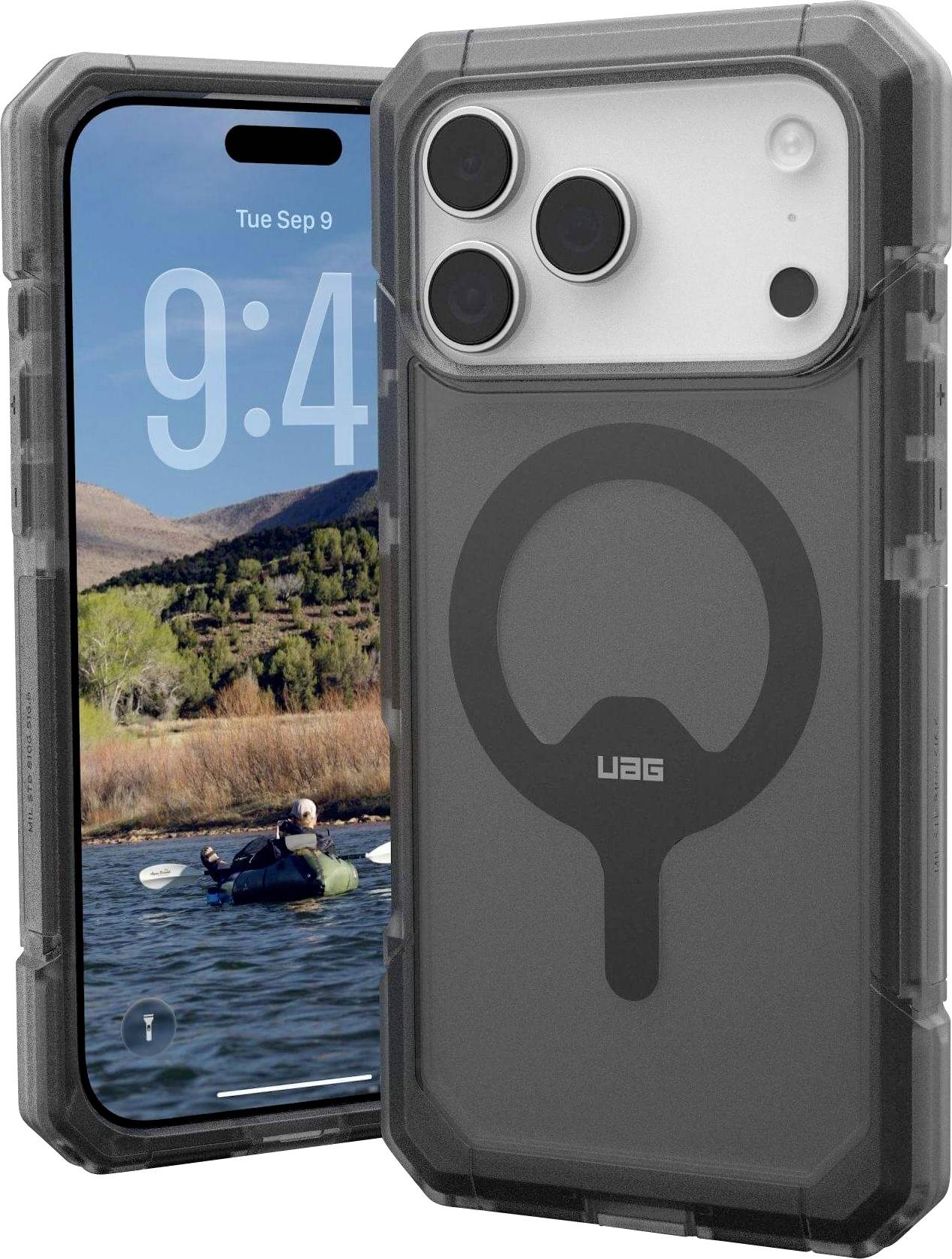 Robuste Handyhülle mit MagSafe-Ring, dargestellt auf einem iPhone, wobei auf dem Bildschirm eine Person zu sehen ist, die in einem Fluss Kajak fährt.