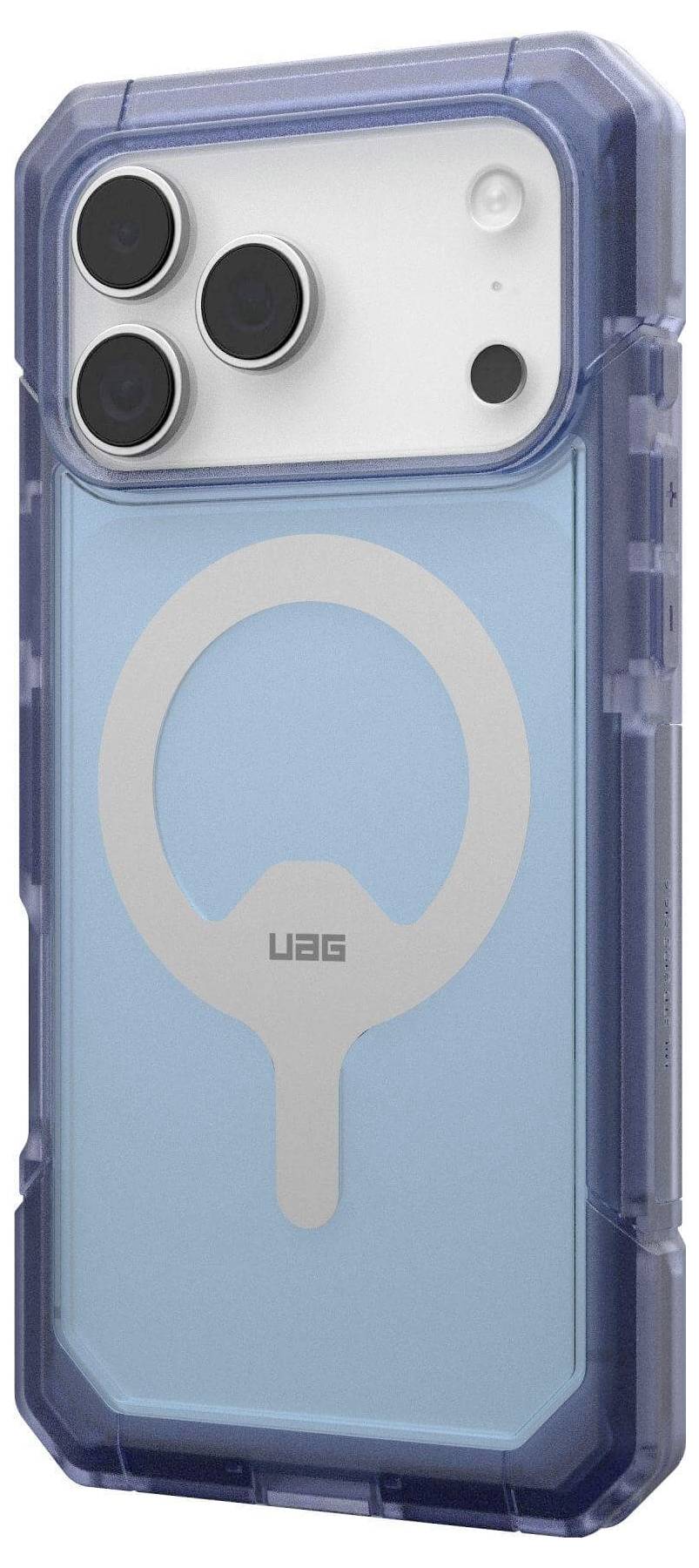 Ein Smartphone in einem blauen Schutzgehäuse mit transparenter Rückseite und drei Kameraobjektiven wird präsentiert, wobei der Fokus auf seiner Robustheit und seinem Design liegt.