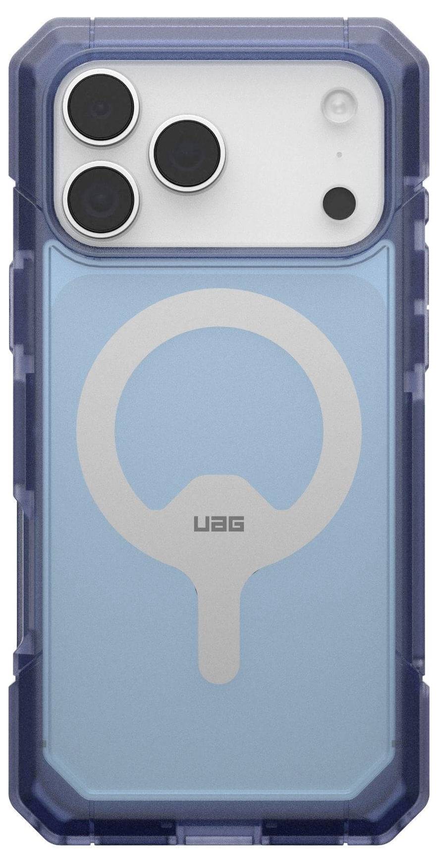 Ein Smartphone mit einer blauen transparenten Schutzhülle, die drei Kameraobjektive und ein zentrales Kreisdesign auf der Rückseite zeigt.