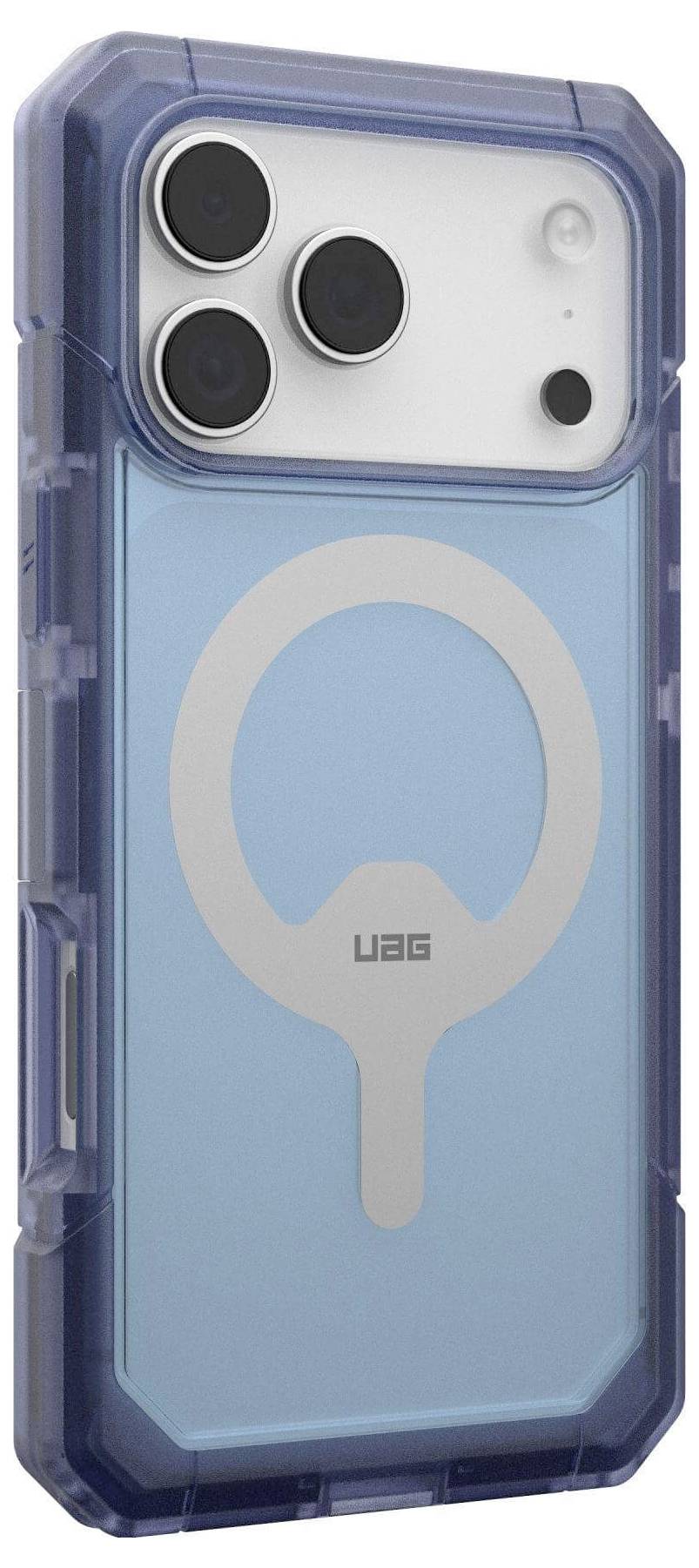 Eine Handyhülle mit transparentem blauem Rückteil und kreisförmigem MagSafe-Design wird gezeigt. Sie hat robuste Kanten und drei Öffnungen für die Rückkamera.