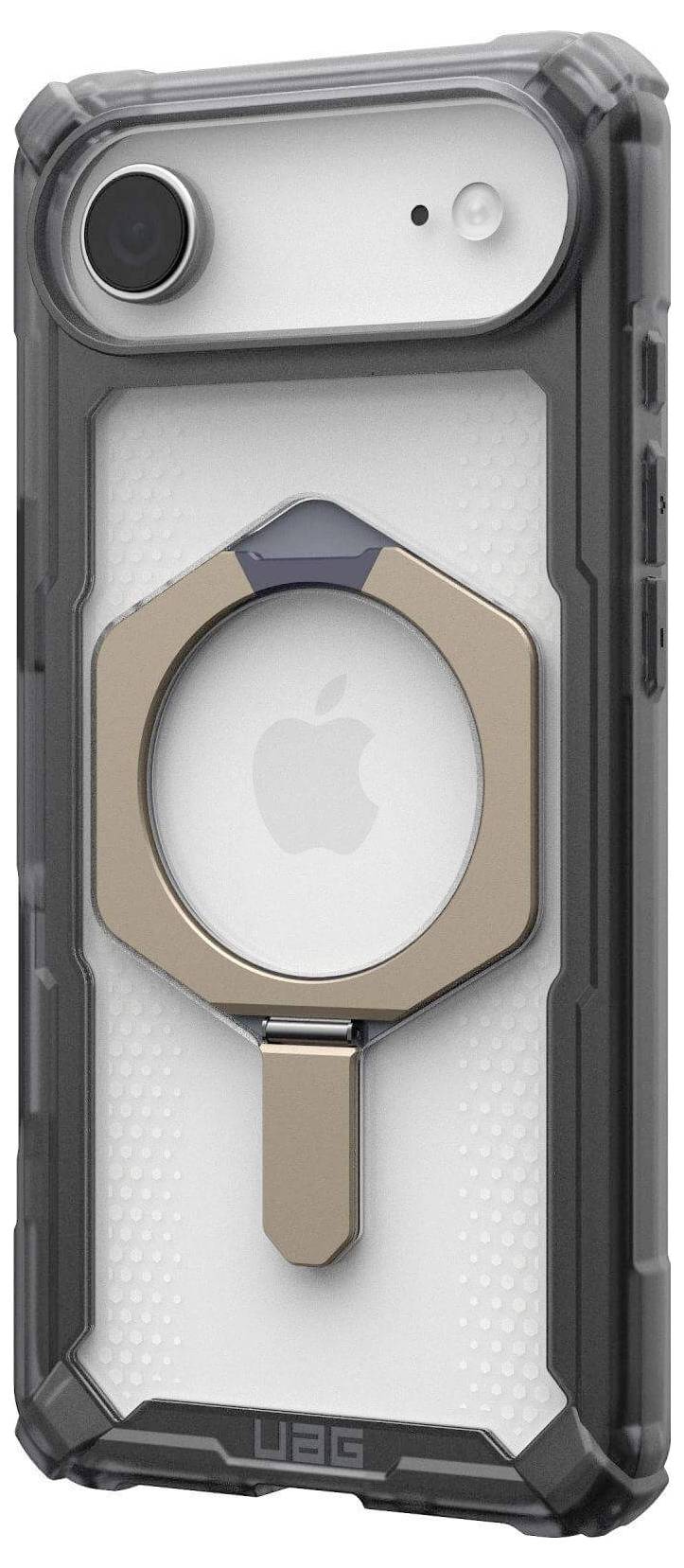 Ein Smartphone in einem robusten UAG-Klarsichtgehäuse mit einem metallischen Ringständer auf der Rückseite.
