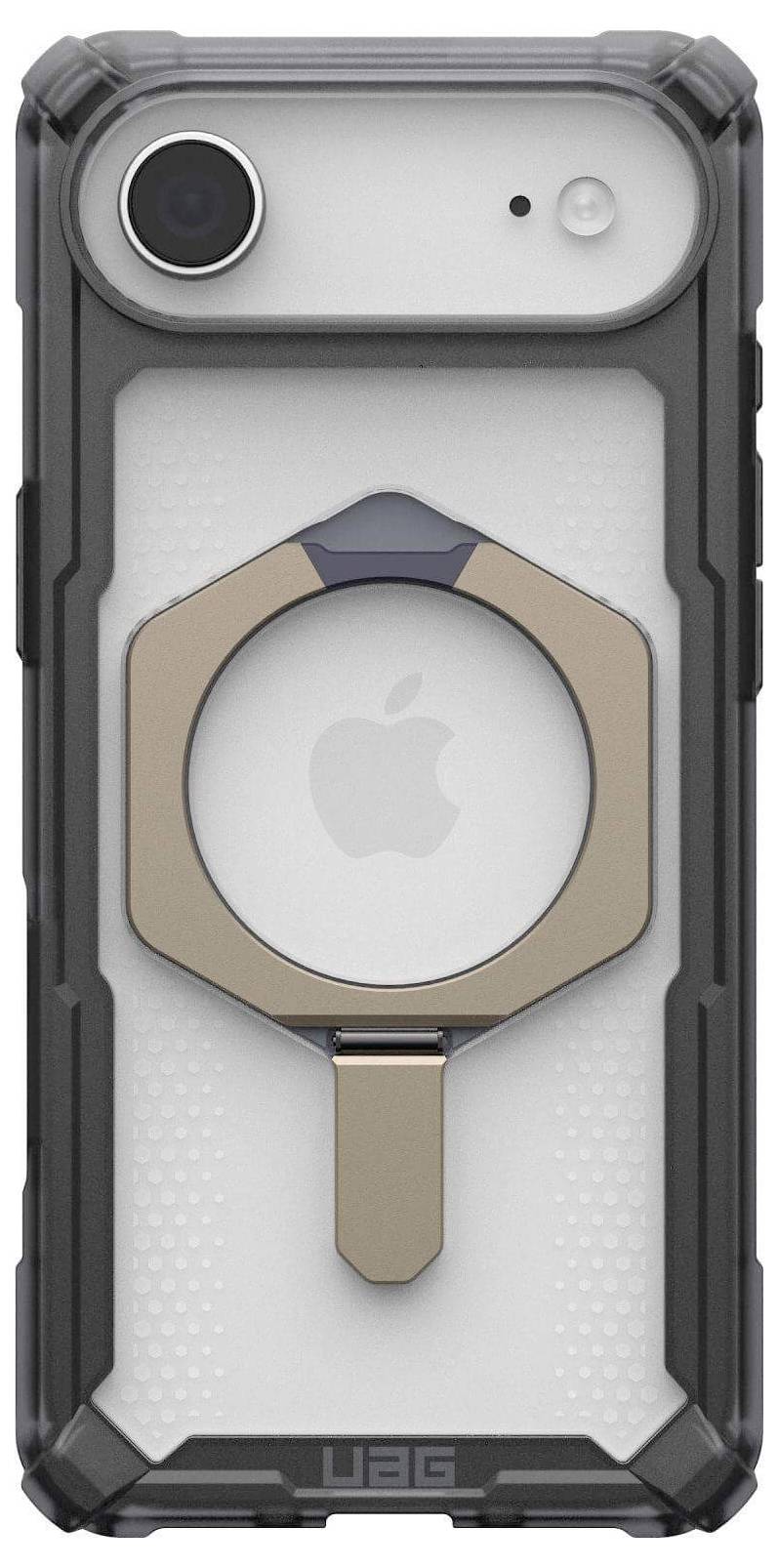 Rückansicht eines Smartphones in einem Schutzgehäuse mit einem kreisförmigen Ringhalter, der Kameraobjektiv und Logo zeigt.