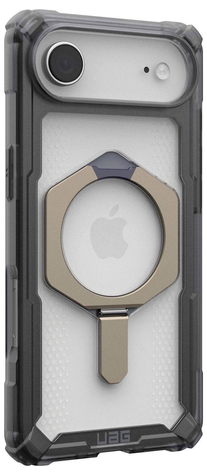 Eine graue, robuste Handyhülle mit einem auffälligen Apple-Logo, versehen mit einem kreisförmigen Metallring und einem widerstandsfähigen schwarzen Stoßschutz für optimalen Schutz.