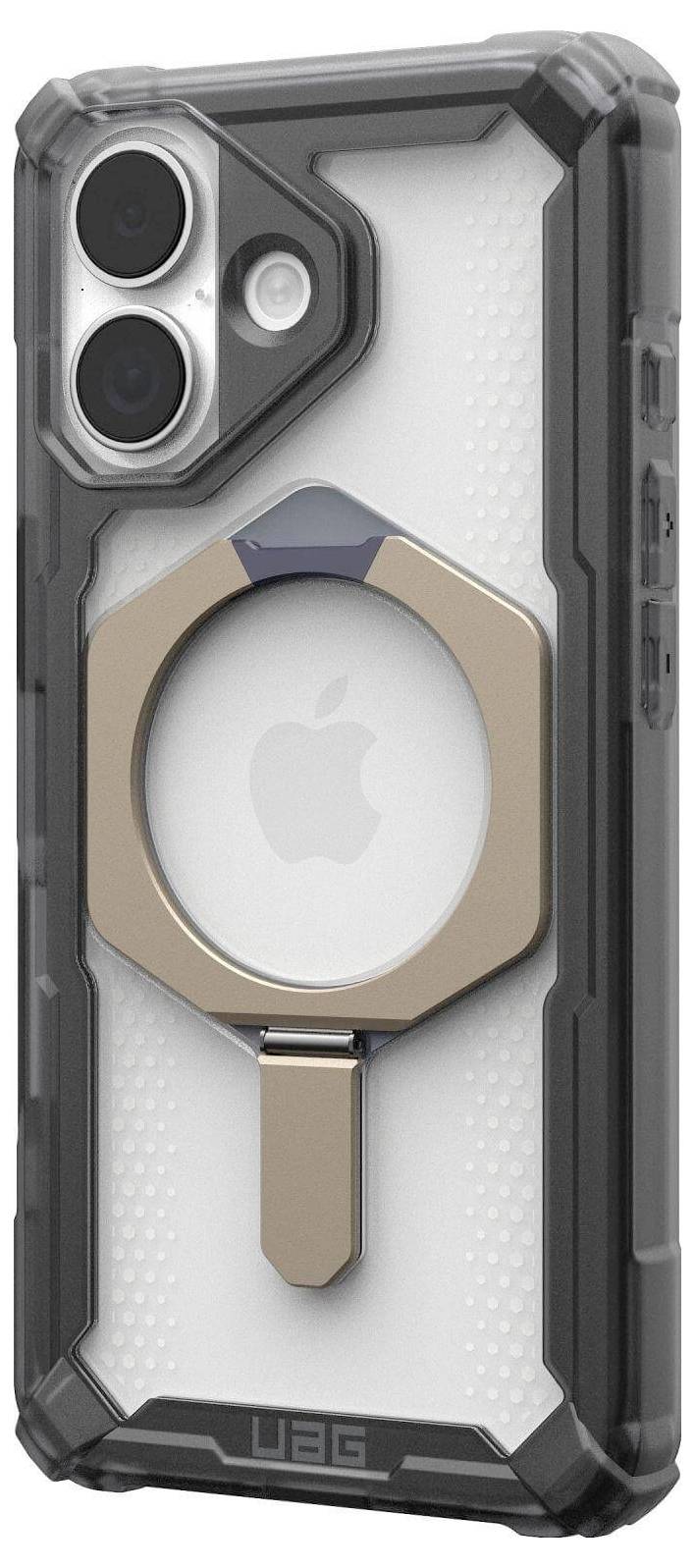 Eine robuste Handyhülle mit integriertem goldenen Ringgriff für sicheren Halt, die ein iPhone umschließt. Die Hülle ist transparent mit schwarzen Kanten.